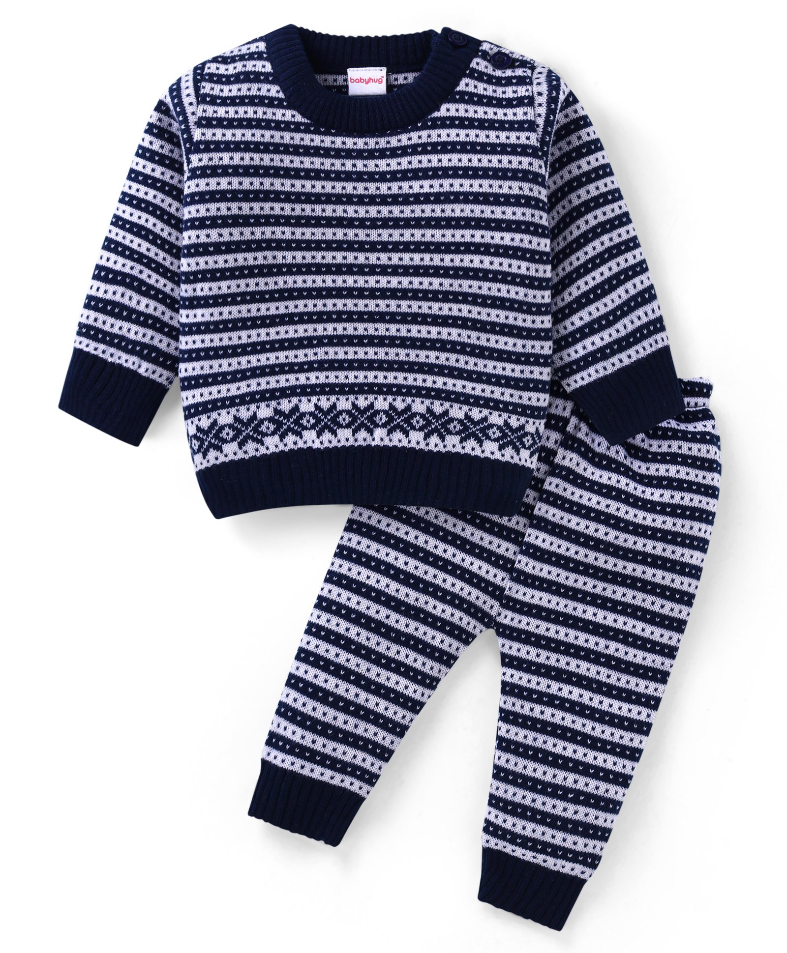 Babyhug Knitted Full Sleeves Pullover Sweater Set With Stripes & Aztec Design - Navy Blue-picture-14
