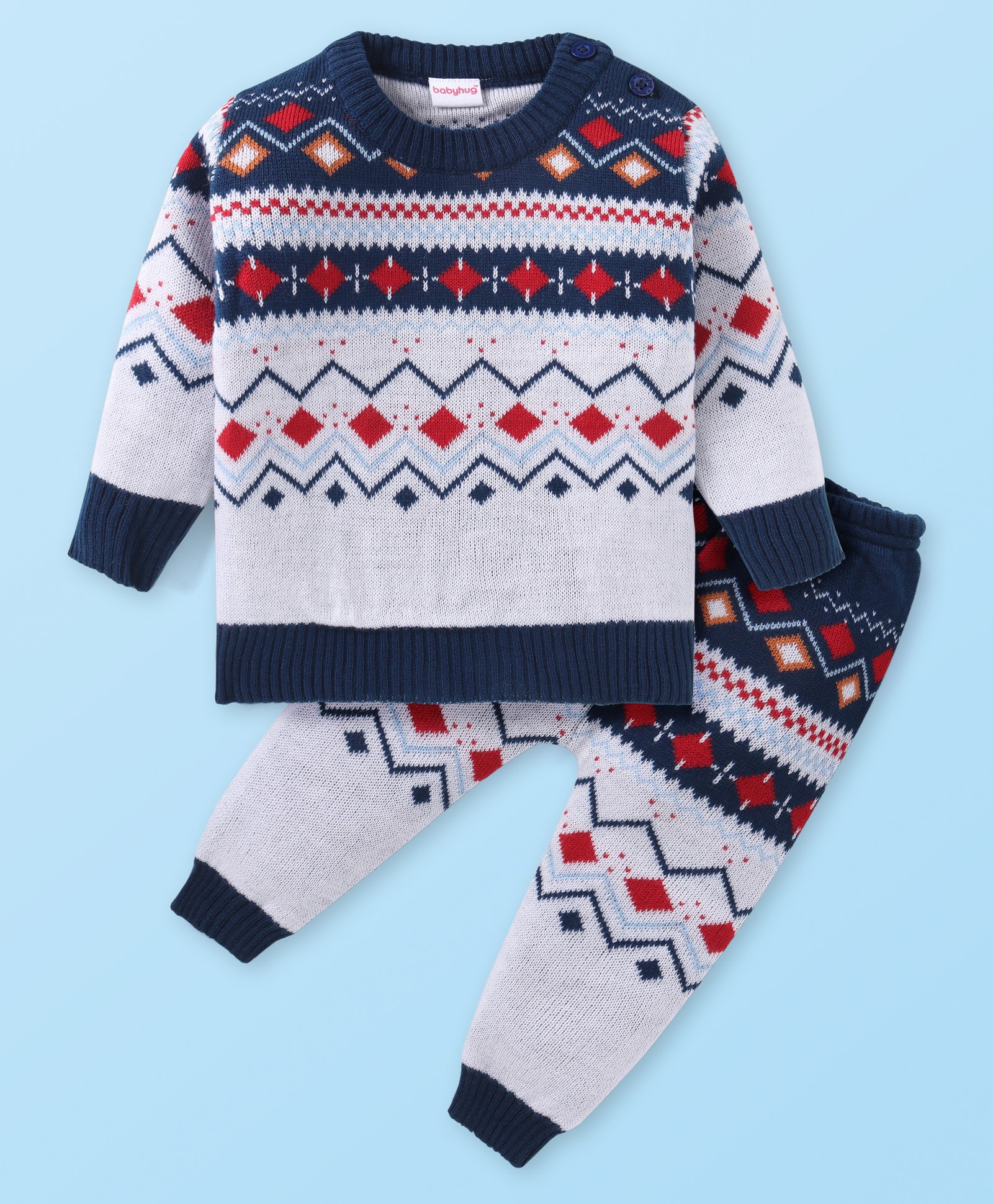 Babyhug Knitted Full Sleeves Pullover Sweater Set With Aztec Design - Navy Blue & Grey-image-22