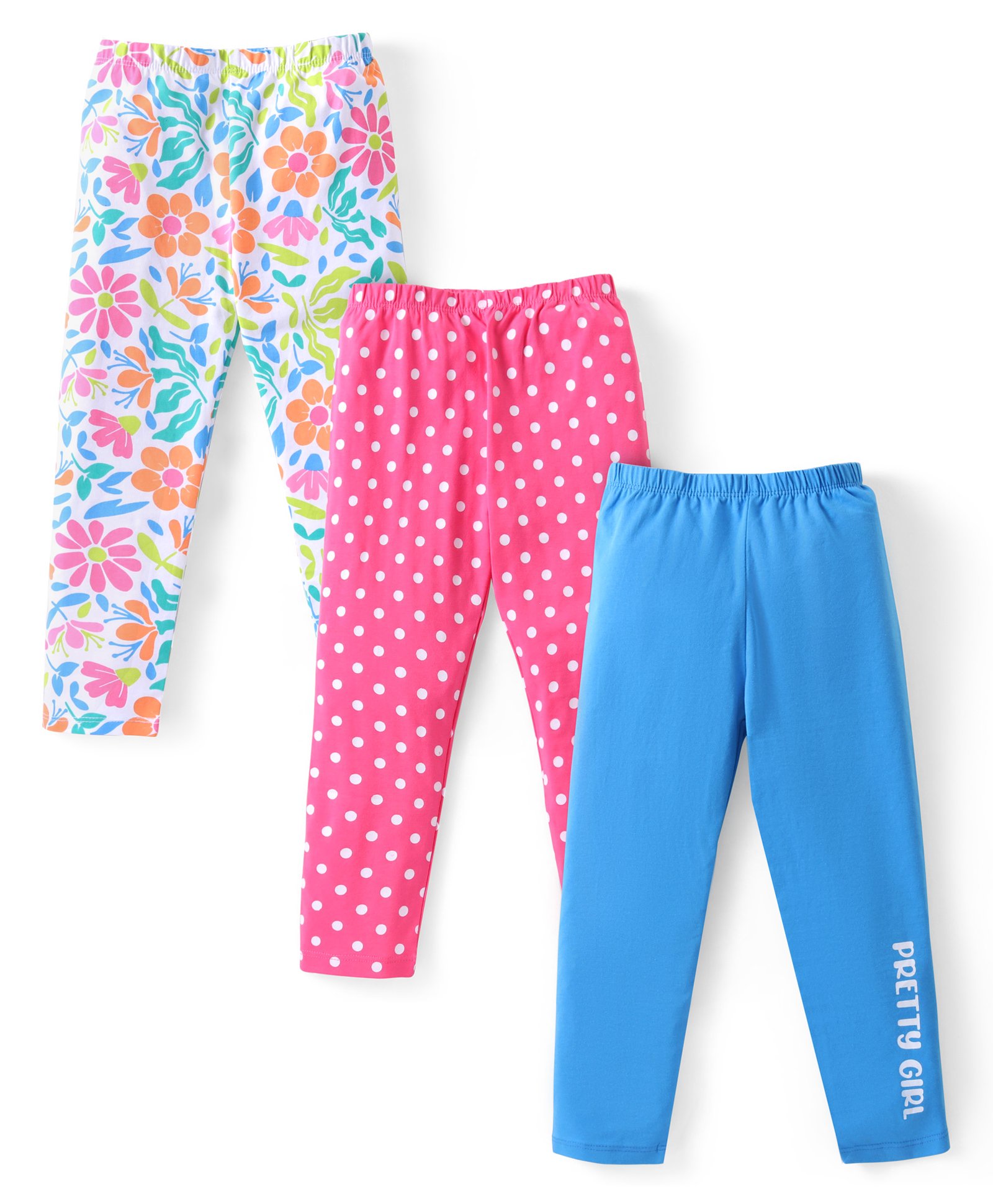 Babyhug Cotton Lycra Knit Full Length Leggings with Floral Polka Dots & Text Print Pack of 3 - Pink & Blue-picture-12