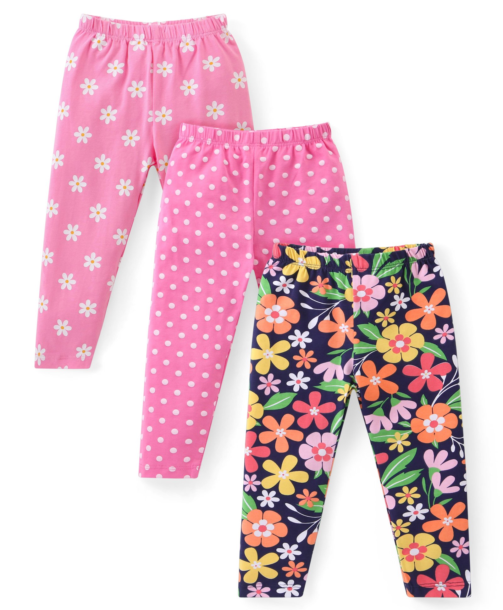 Babyhug Cotton Lycra Knit Full Length Leggings With Floral & Polka Dots Print Pack Of 3 - Blue & Pink-picture-30
