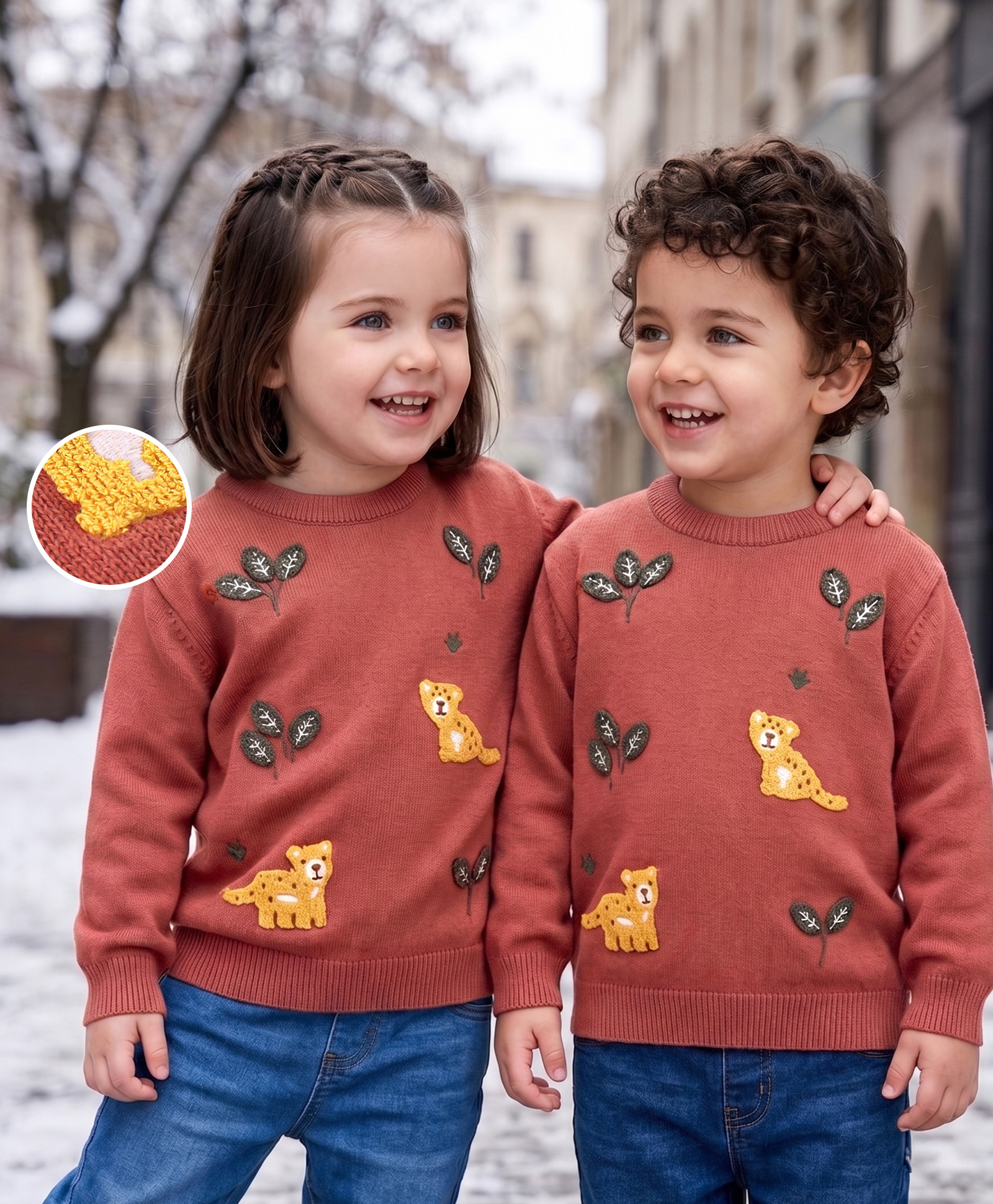 Babyoye 100% Cotton Knit Full Sleeves Pullover Sweater with Leopard  Embroidery - Rust Orange-image-47
