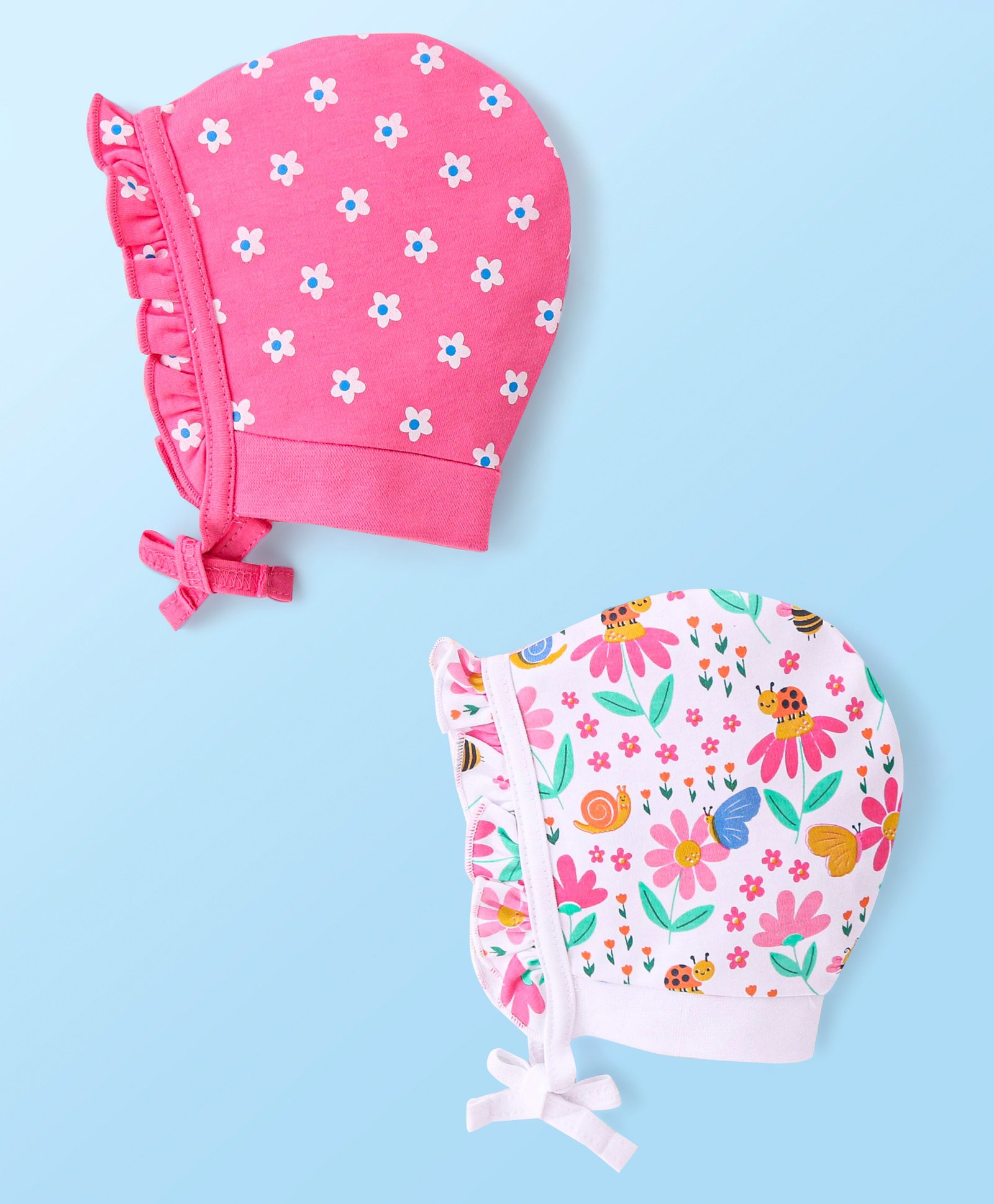 Babyhug 100% Cotton Interlock Knit Caps With Floral Print Pack of 2 - Pink & White