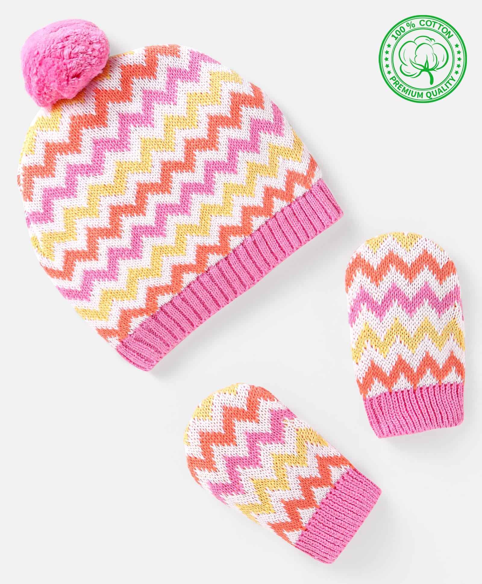 Babyhug 100% Organic Woollen Cap & Mittens With Pom Pom Applique & Chevron DesignPink - Diameter 11 cm-image-24