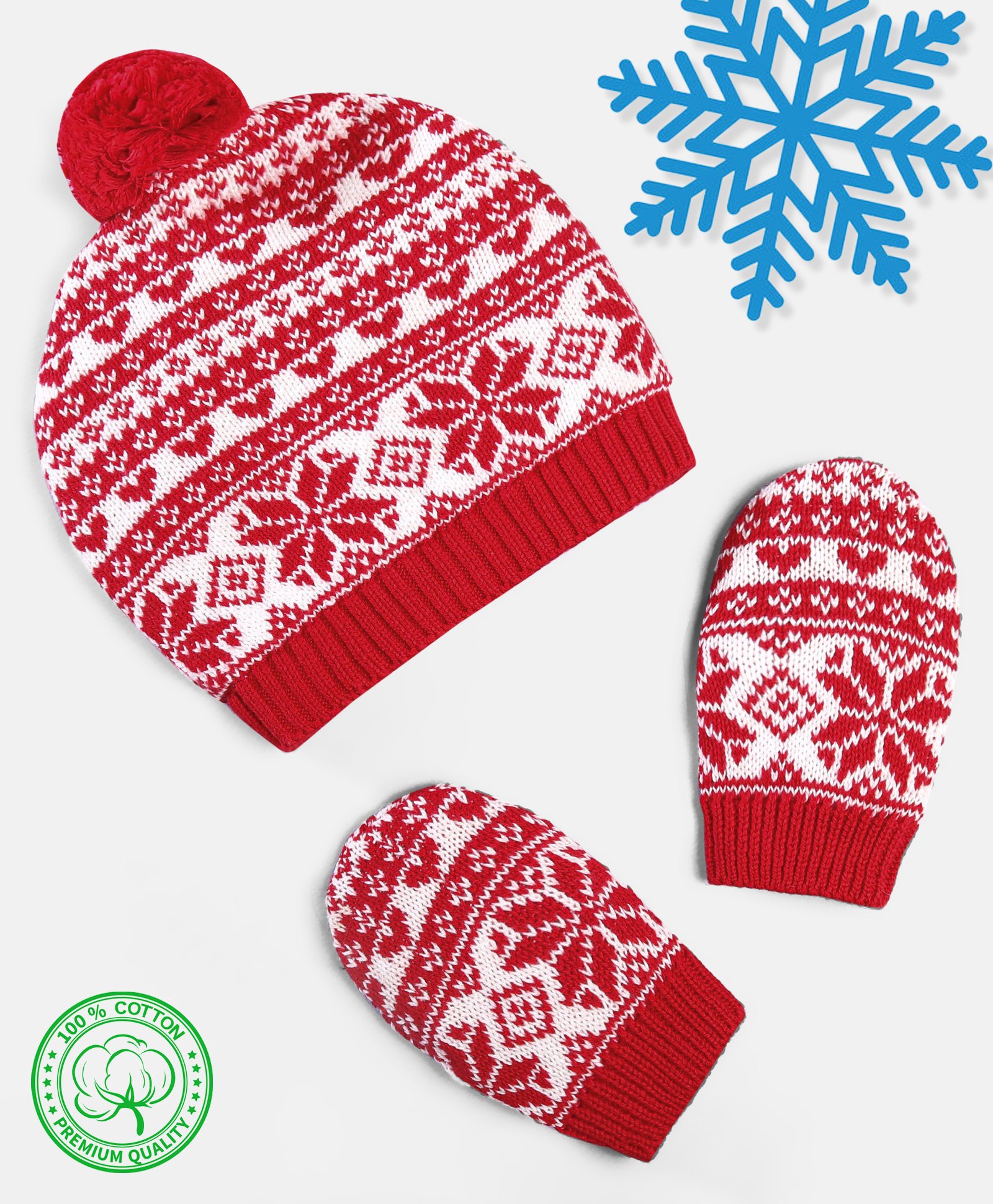 Babyhug 100% Cotton Organic Woollen Caps With Mittens Intarsia Design - Red & White-picture-14