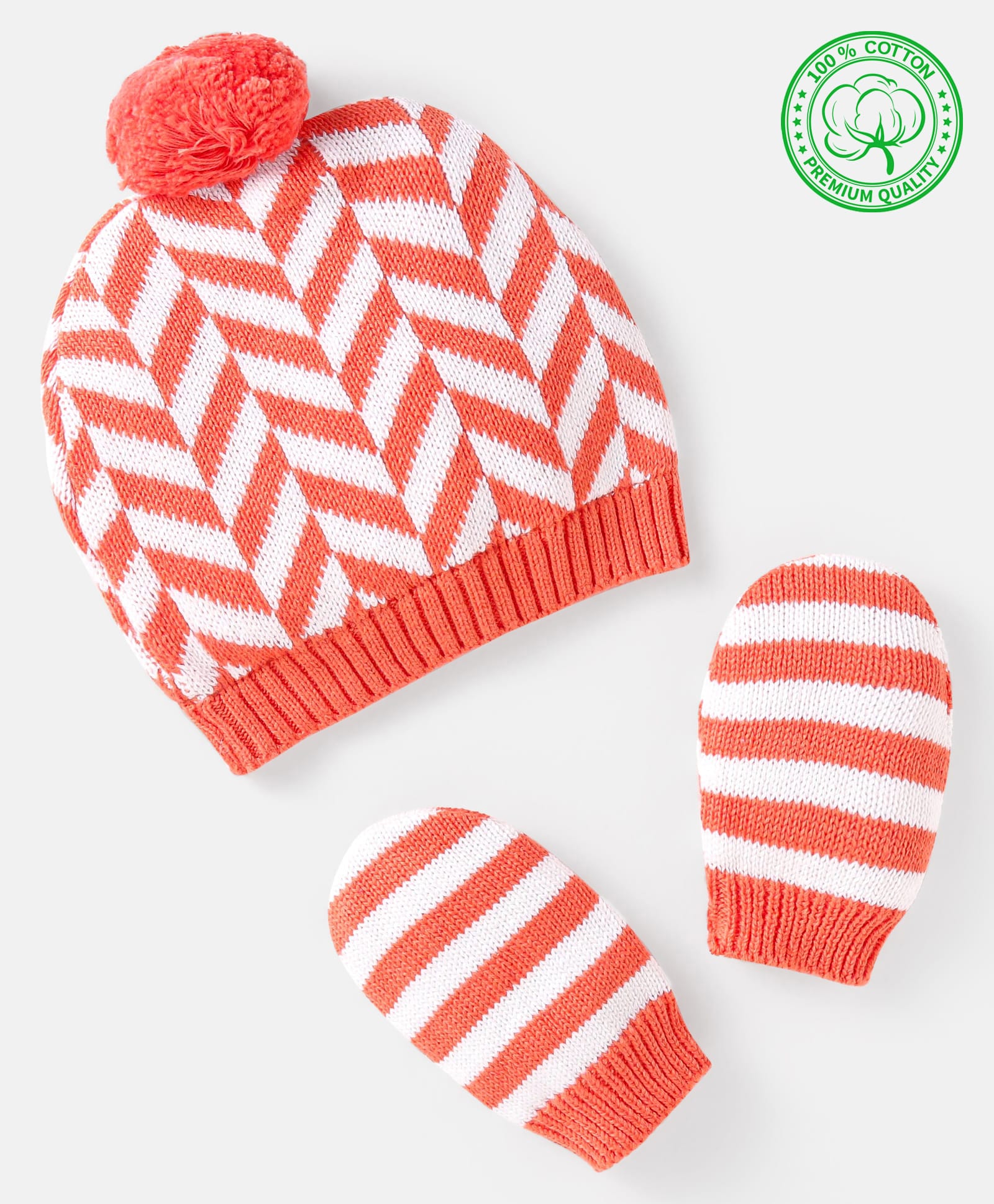 Babyhug 100% Organic Woollen Cap & Mittens With Pom Pom Applique & Chevron Design Orange - Diameter 9.5 cm-picture-21