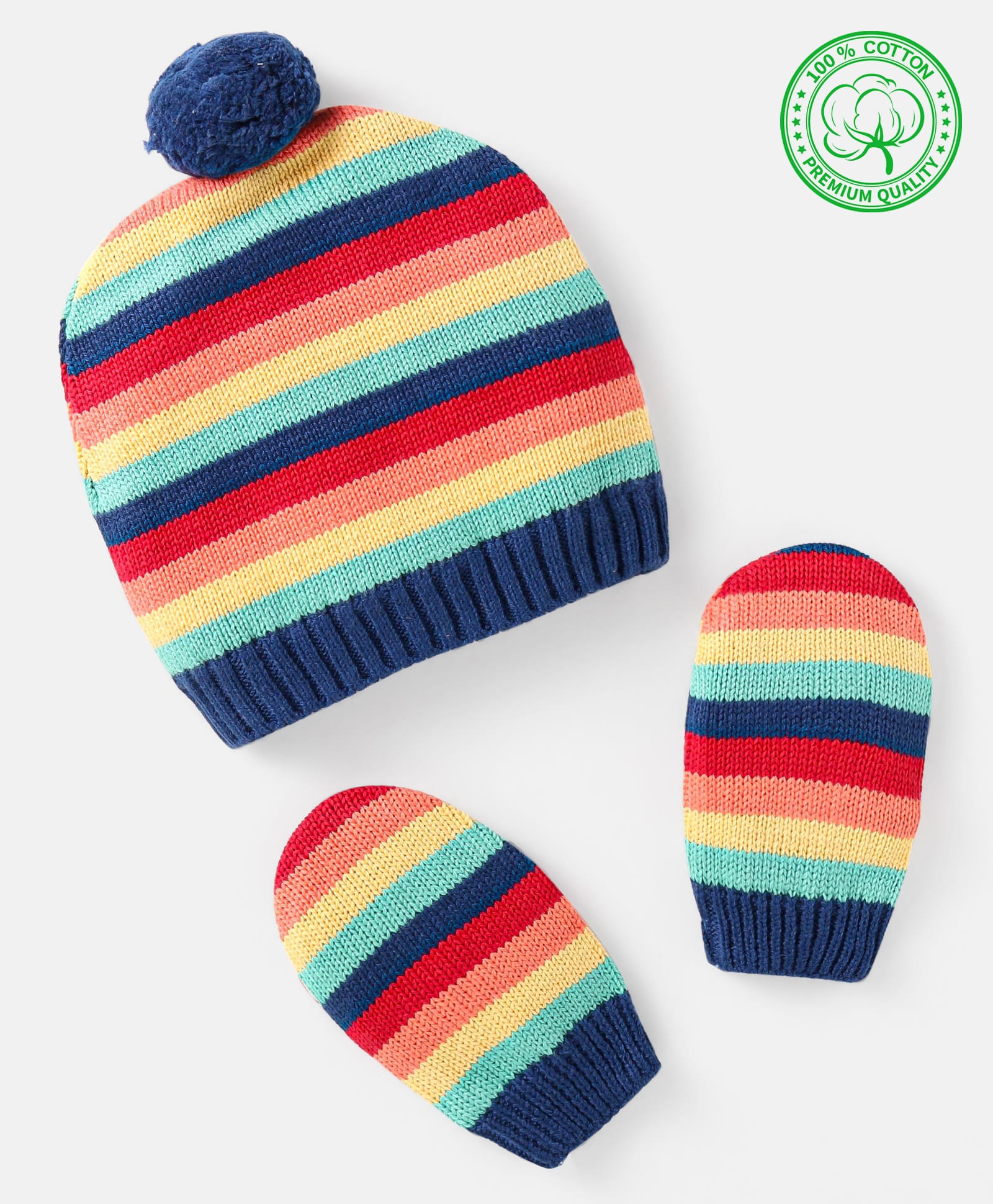 Babyhug 100% Organic Woollen Cap & Mittens With Pom Pom Applique & Strips Design Navy Blue - Diameter 9.5 cm-image-3