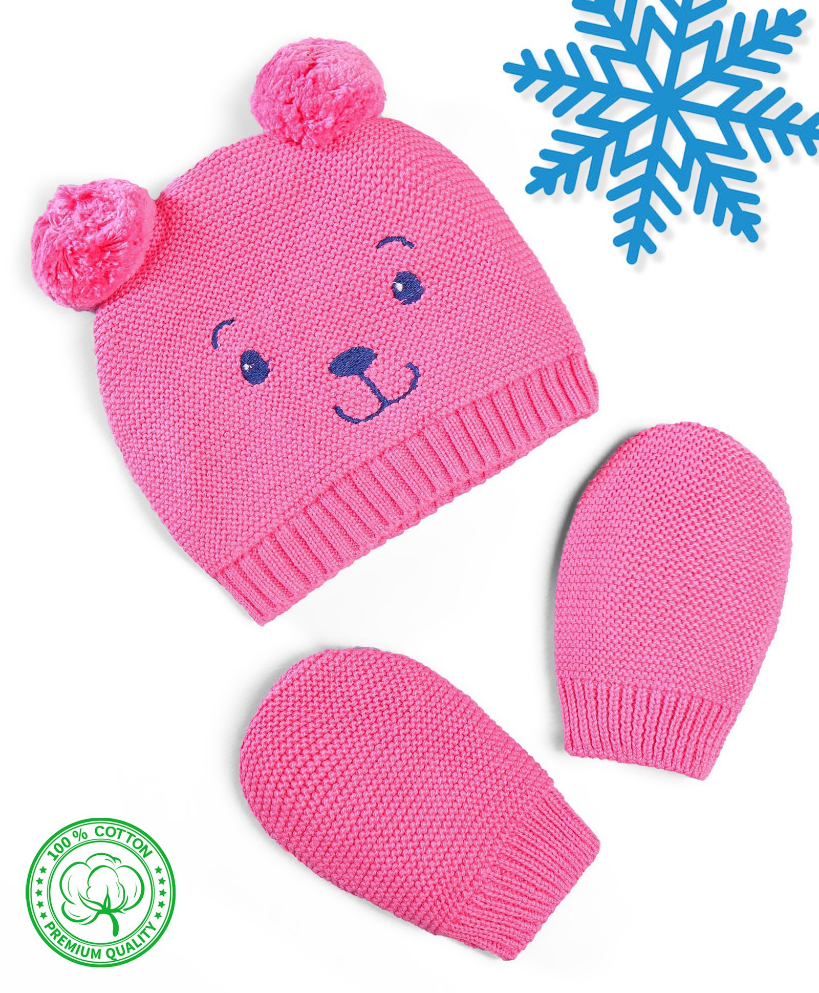 Babyhug 100% Cotton Organic Woollen  Caps With Mittens Bear Print - Pink-picture-23