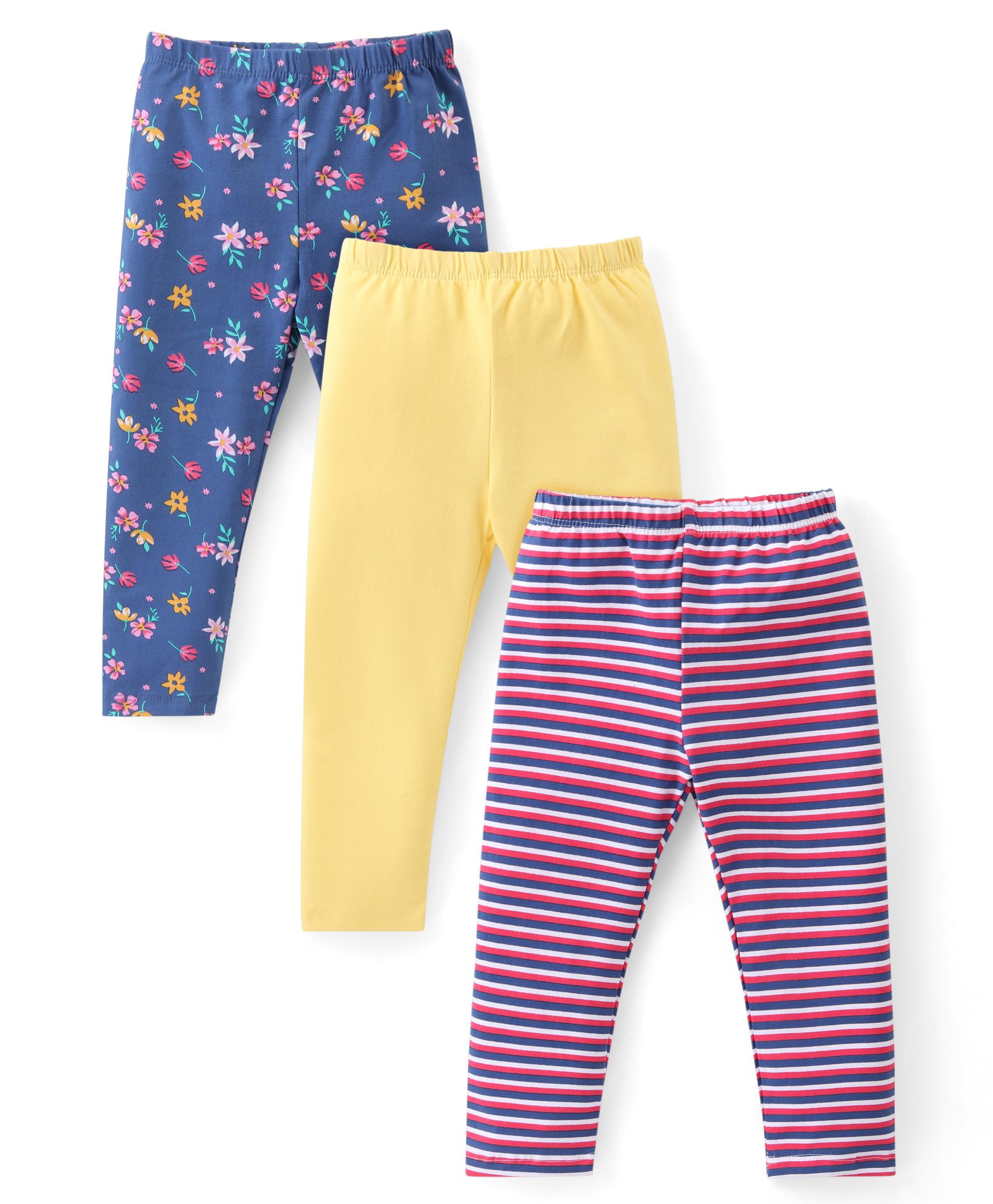 Babyhug Cotton Lycra Knit Stretchable Leggings Floral Print Pack of 3 - Blue & Yellow-image-49