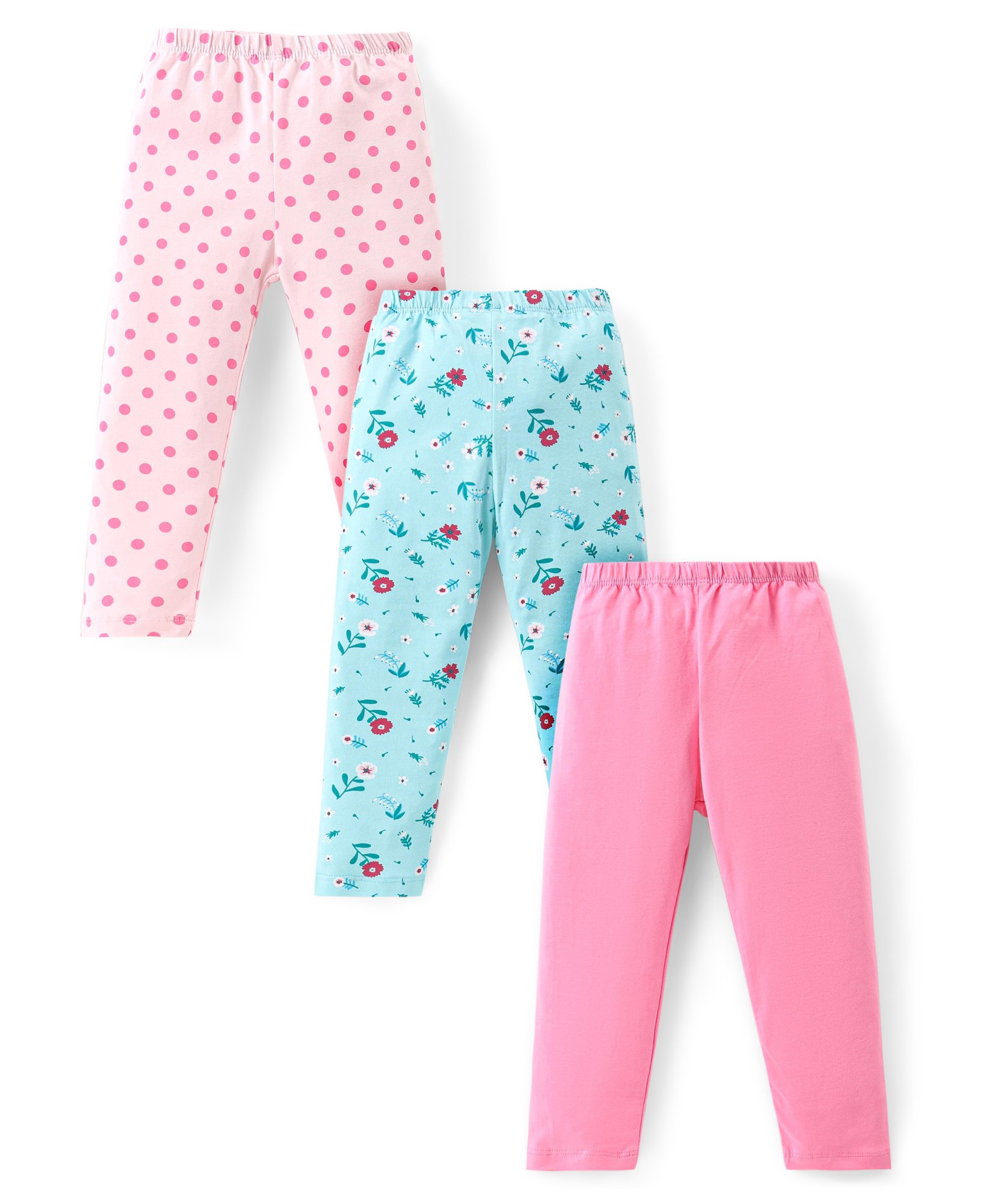 Babyhug Cotton Lycra Knit Full Length Floral & Polka Dot Printed Leggings Pack of 3 - Light Pink Light Blue & Pink-image-29