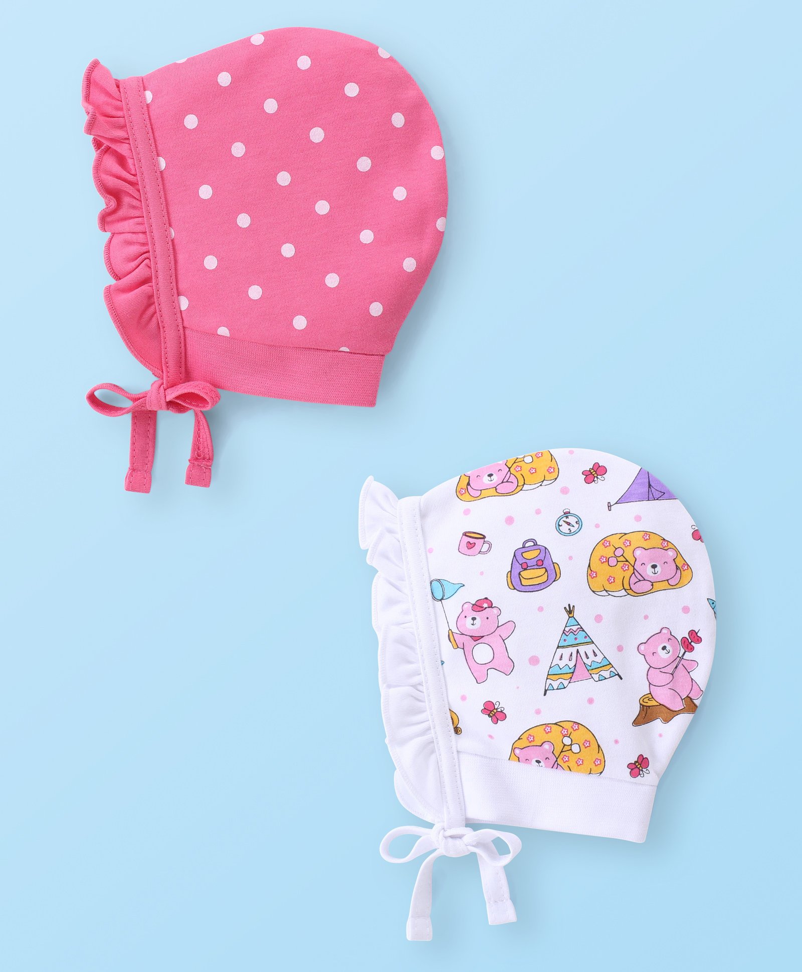 Babyhug 100% Cotton Cap with Knot Polka Dot & Bear Print Pack of 2 - Pink-image-23