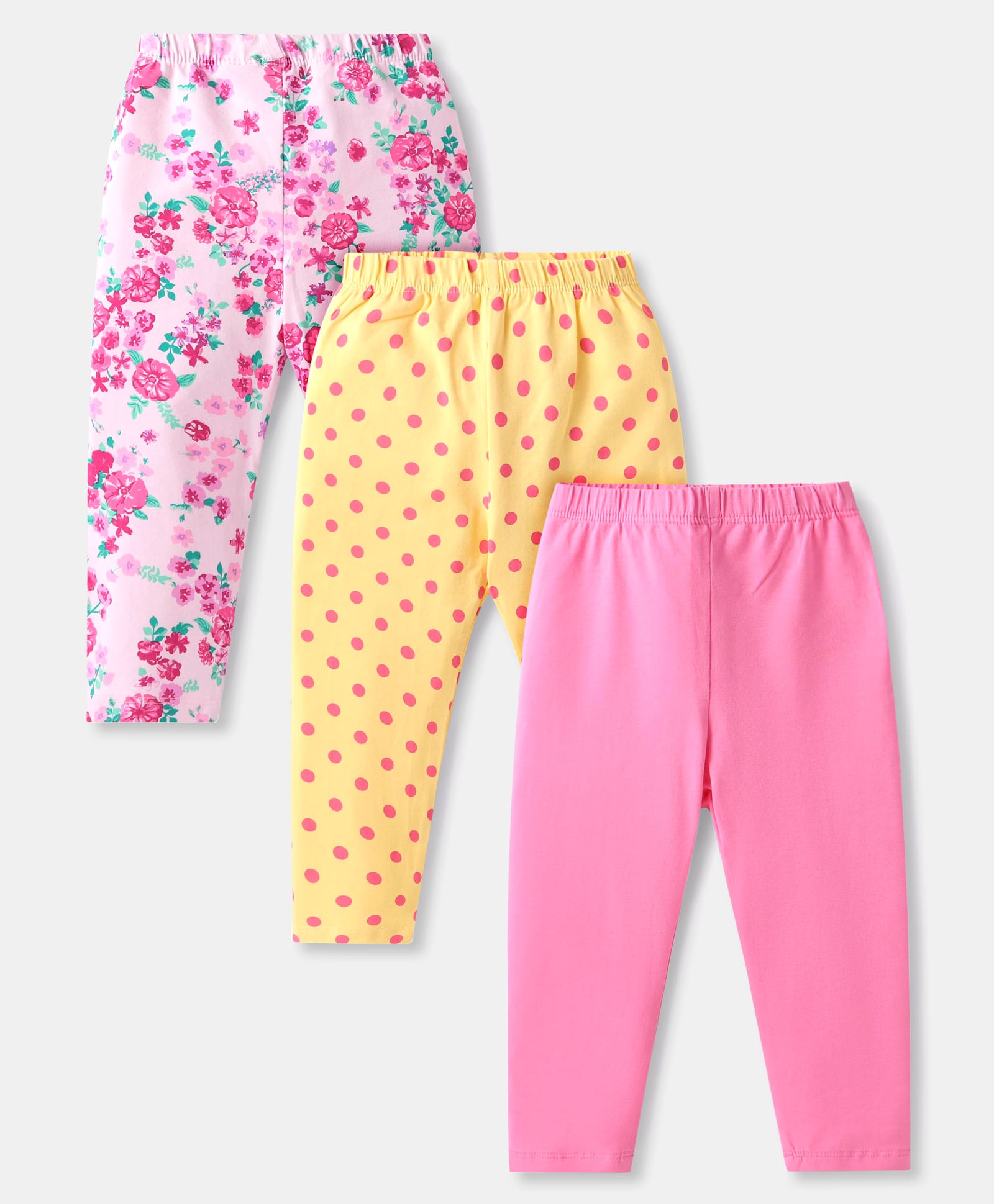 Babyhug Cotton Lycra Knit Stretchable Leggings Floral Print Pack of 3 - Pink & Yellow-picture-21