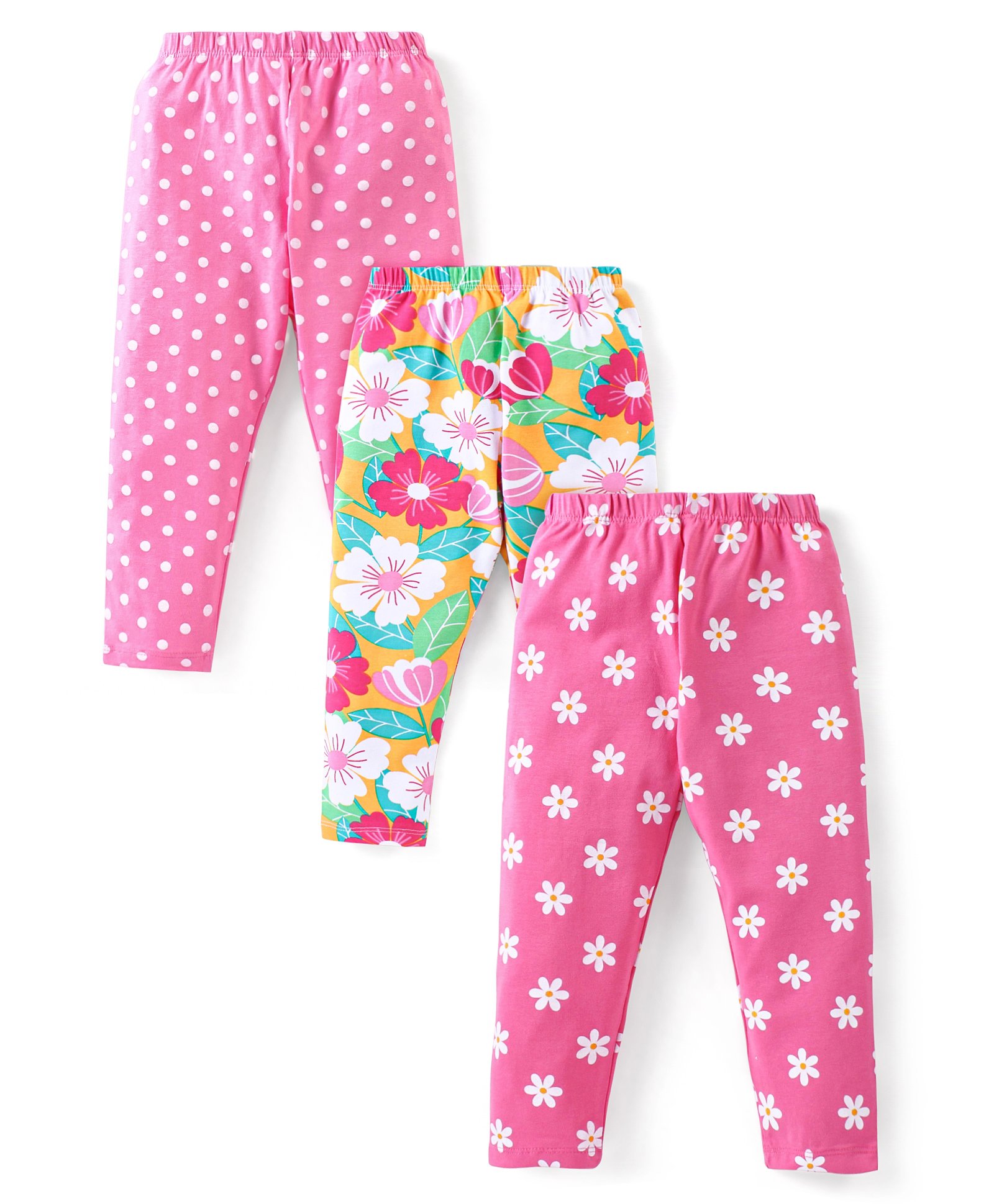 Babyhug Cotton Lycra Knit Full Length Leggings With Floral & Polka Dots Print Pack Of 3 - Pink Green & Dark Pink-picture-27