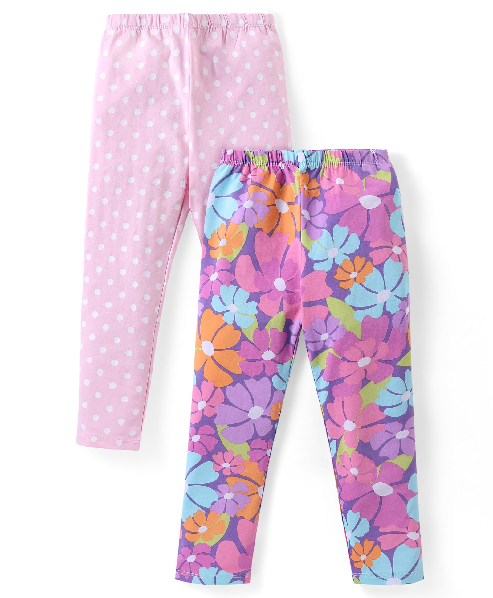 Babyhug Cotton Lycra Knit Full Length Stretchable Leggings  with Floral & Polka Dots Print Pack of 2 - Multicolour-image-42