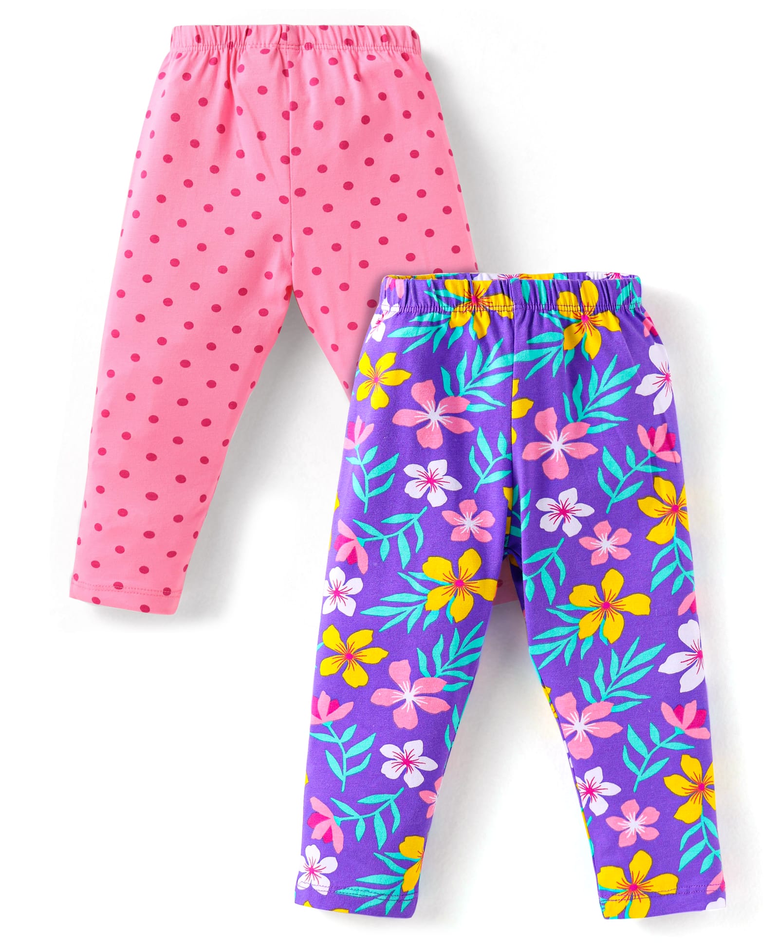 Babyhug Cotton Lycra Knit Full Length Leggings With Floral & Polka Dot Print Pack of 2 - Pink & Purple-picture-20