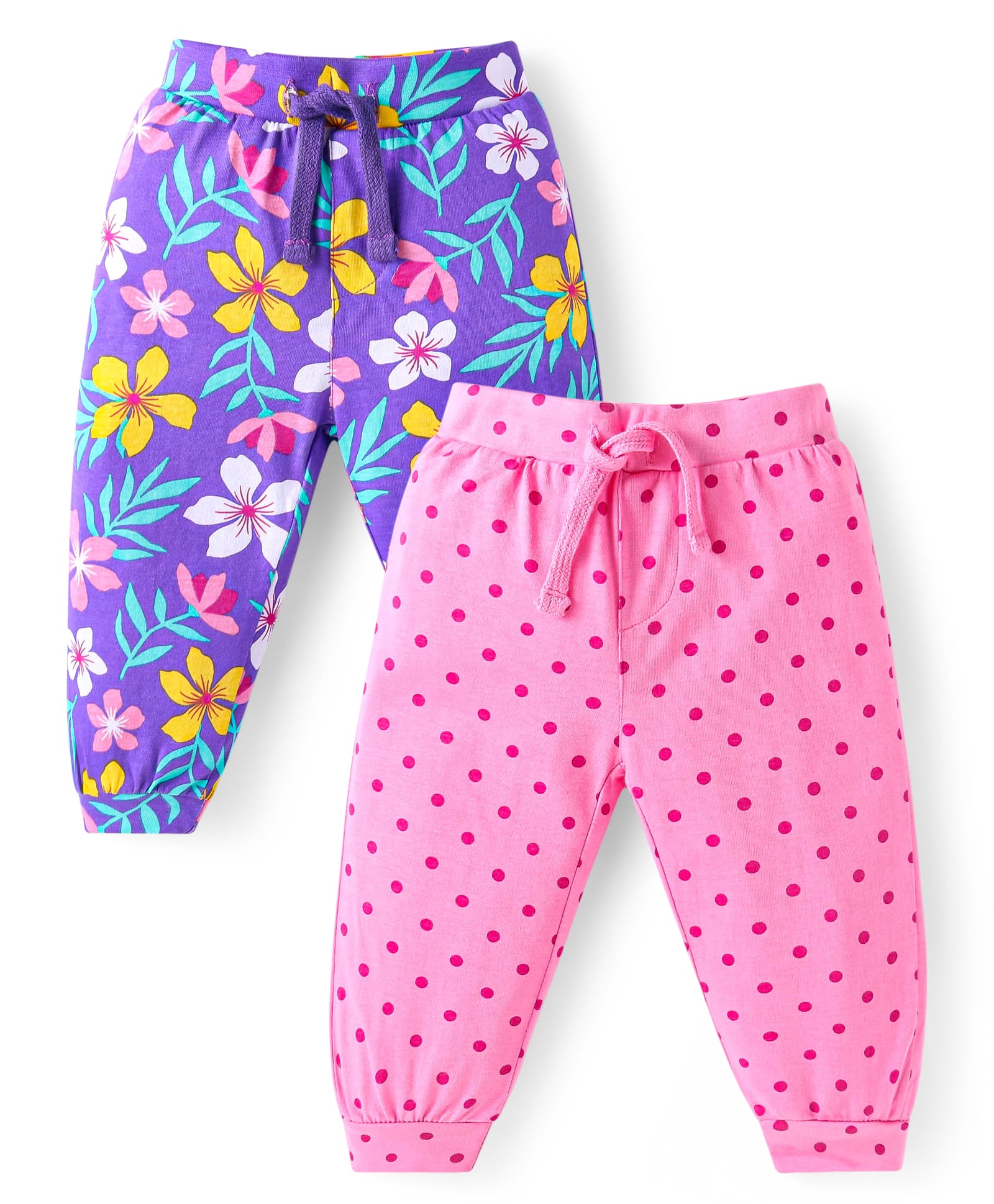 Babyhug Cotton Knit Full Length Lounge Pants With Floral Print Pack of 2 - Purple & Pink-picture-35