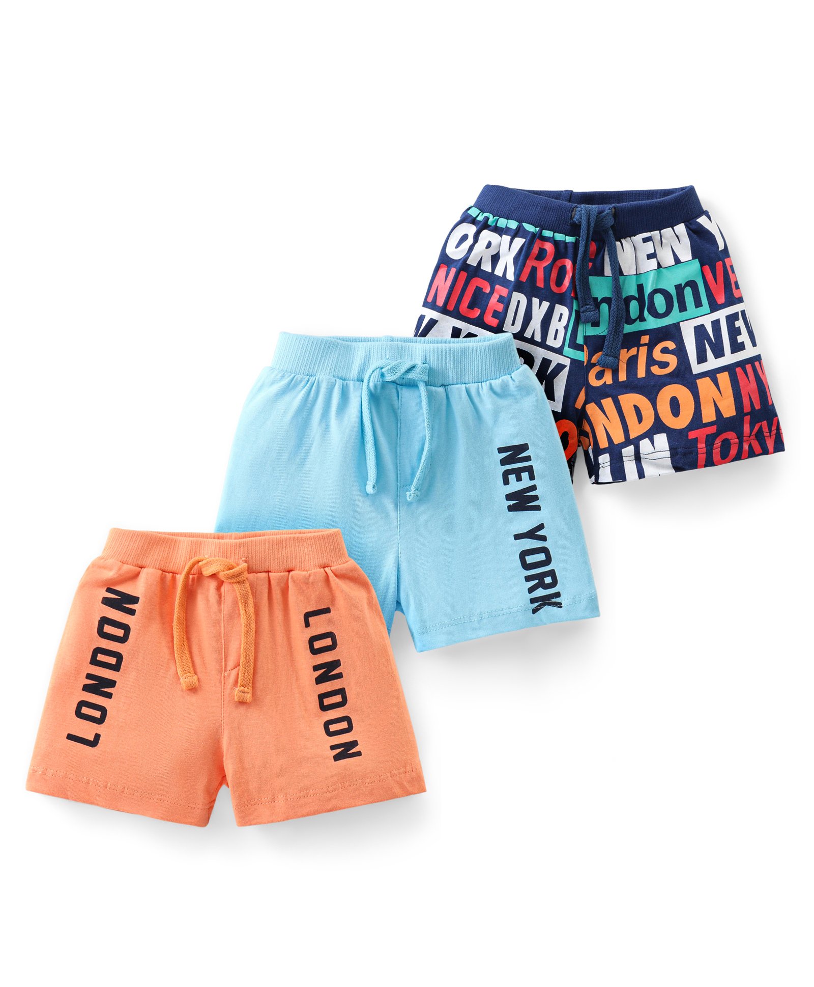 Babyhug Cotton Shorts with Draw Cord Cities Print Pack of 3 - Orange Light Blue & Navy-image-1