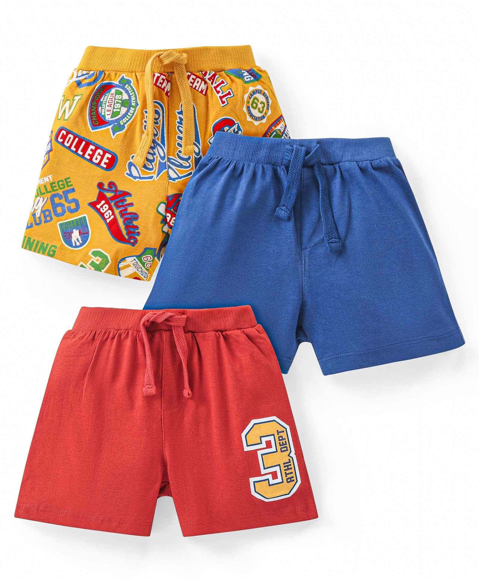 Babyhug Cotton Knit Shorts  with Number & Text Print Pack of 3 - Blue Red & Yellow