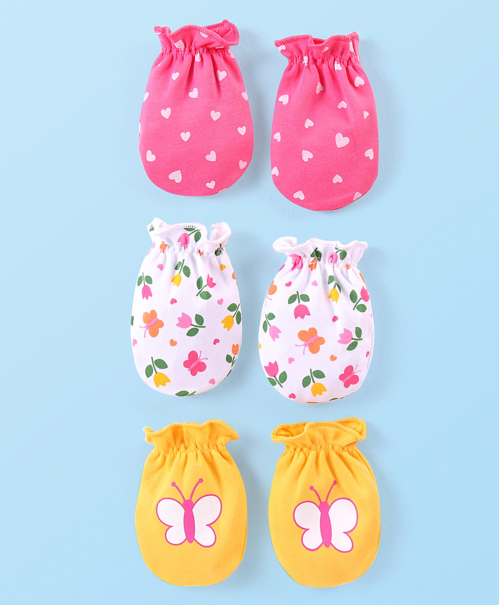 Babyhug 100% Cotton Interlock Knit Mitten Set with Hearts & Floral Print  Pack of 3 - Multicolour-picture-28