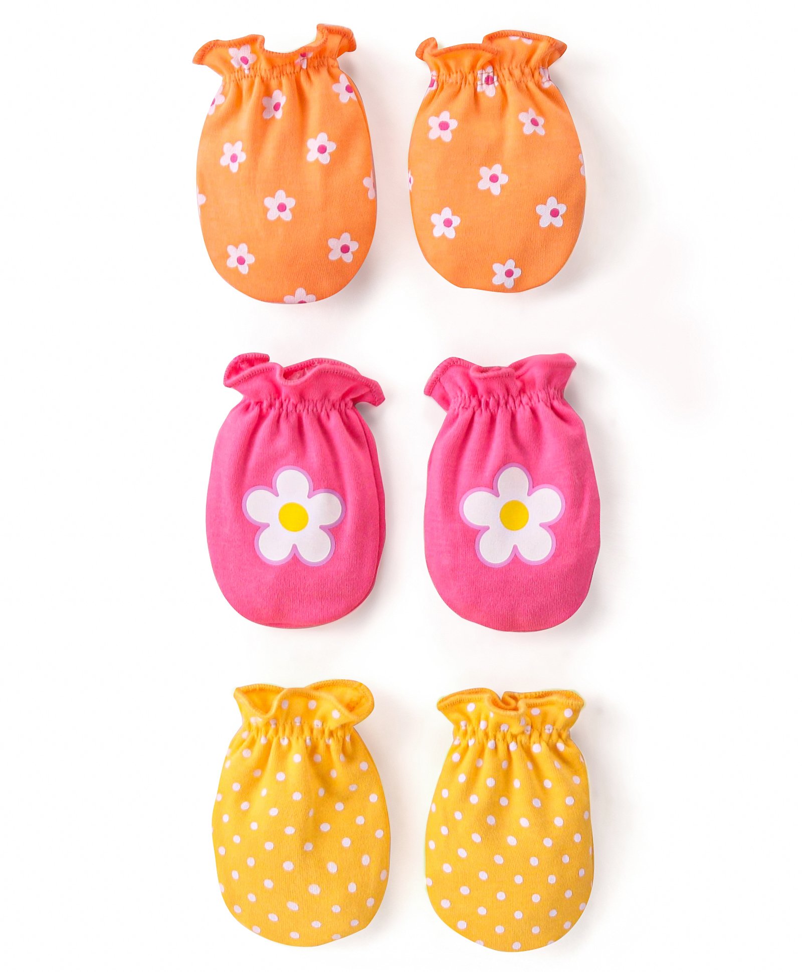 Babyhug 100% Cotton Interlock Knit Mittens With Floral & Polka Dots Print Pack of 3 - Yellow Pink & Orange-image-0