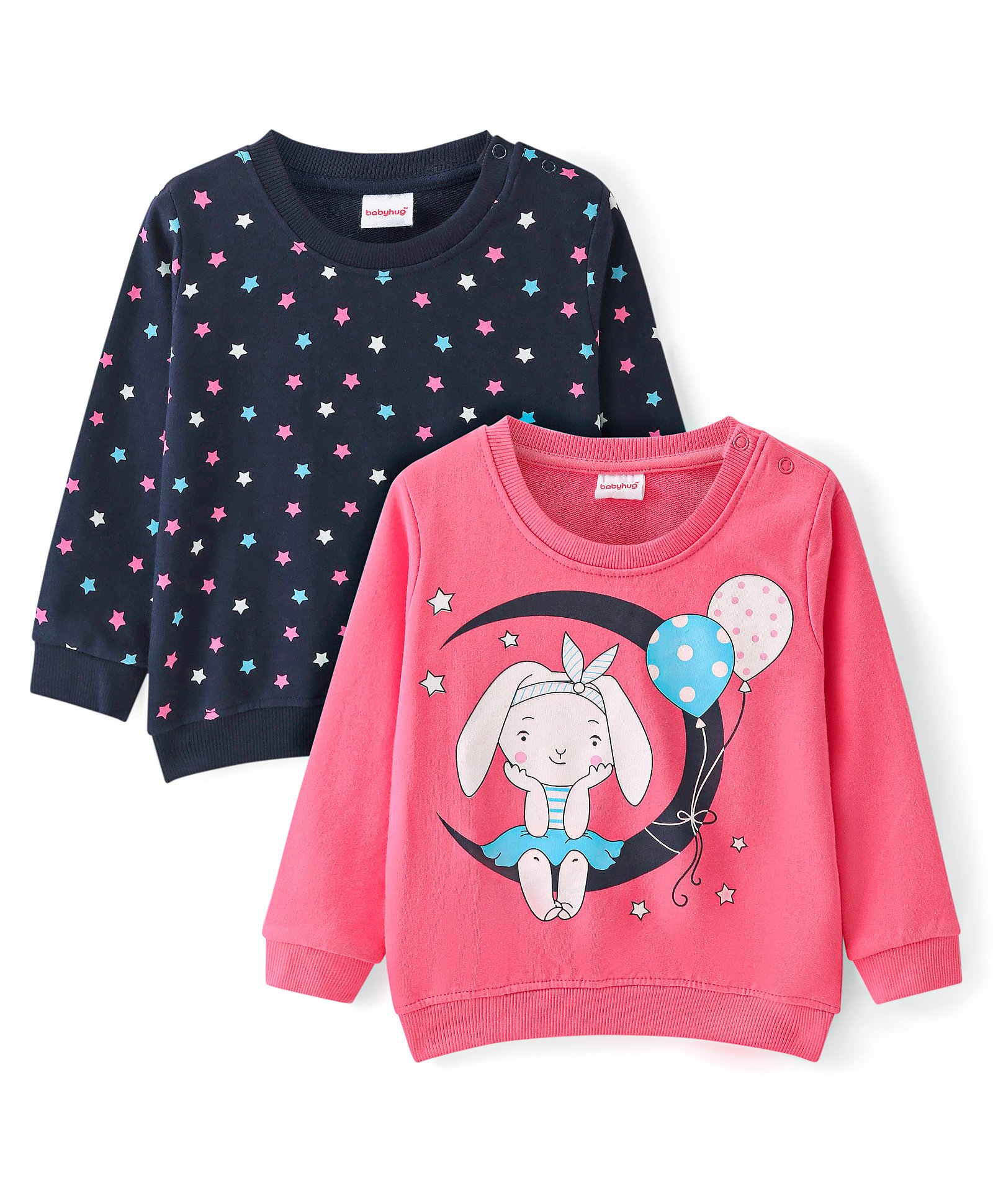 Babyhug Cotton Knit Full Sleeves Sweatshirts With Star & Doll Graphics Pack of 2 - Pink & Navy-picture-22