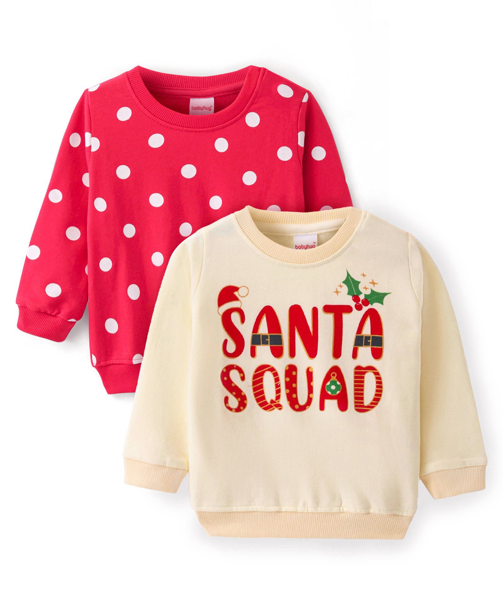 Babyhug Cotton Knit Full Sleeves Sweatshirt With Christmas Theme & Polka Dot Print Pack of 2 - Red & Cream-image-42