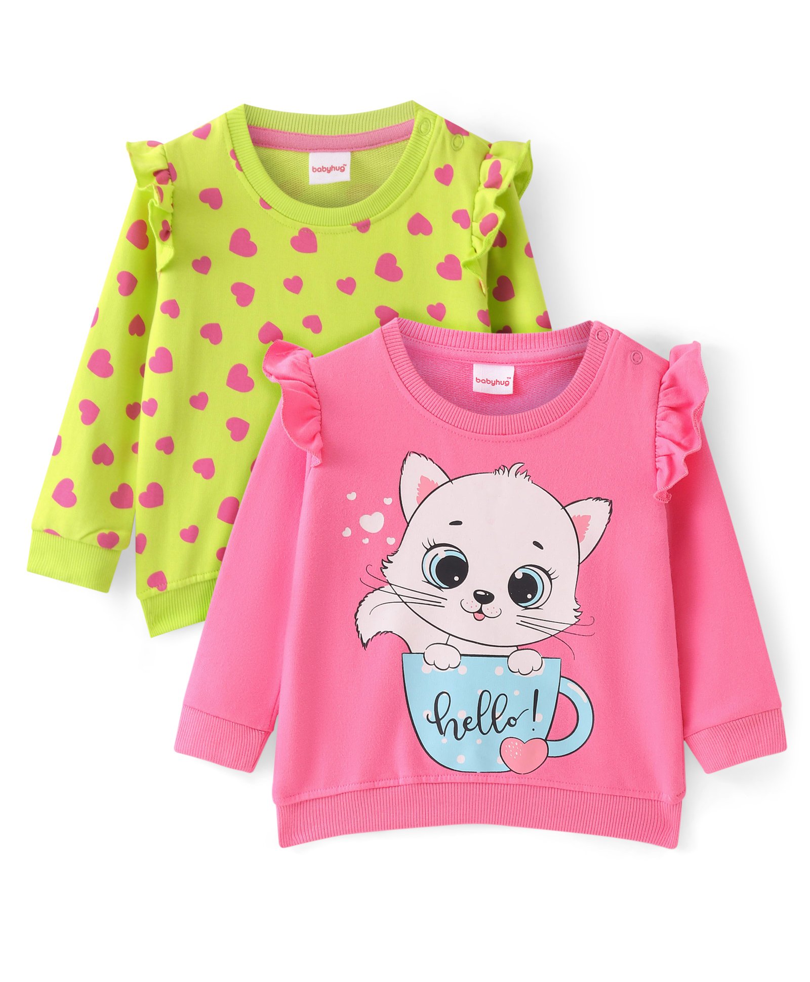 Babyhug Cotton Knit Full Sleeves Sweatshirts With Kitty & Heart Print Pack of 2 - Green & Pink-picture-32