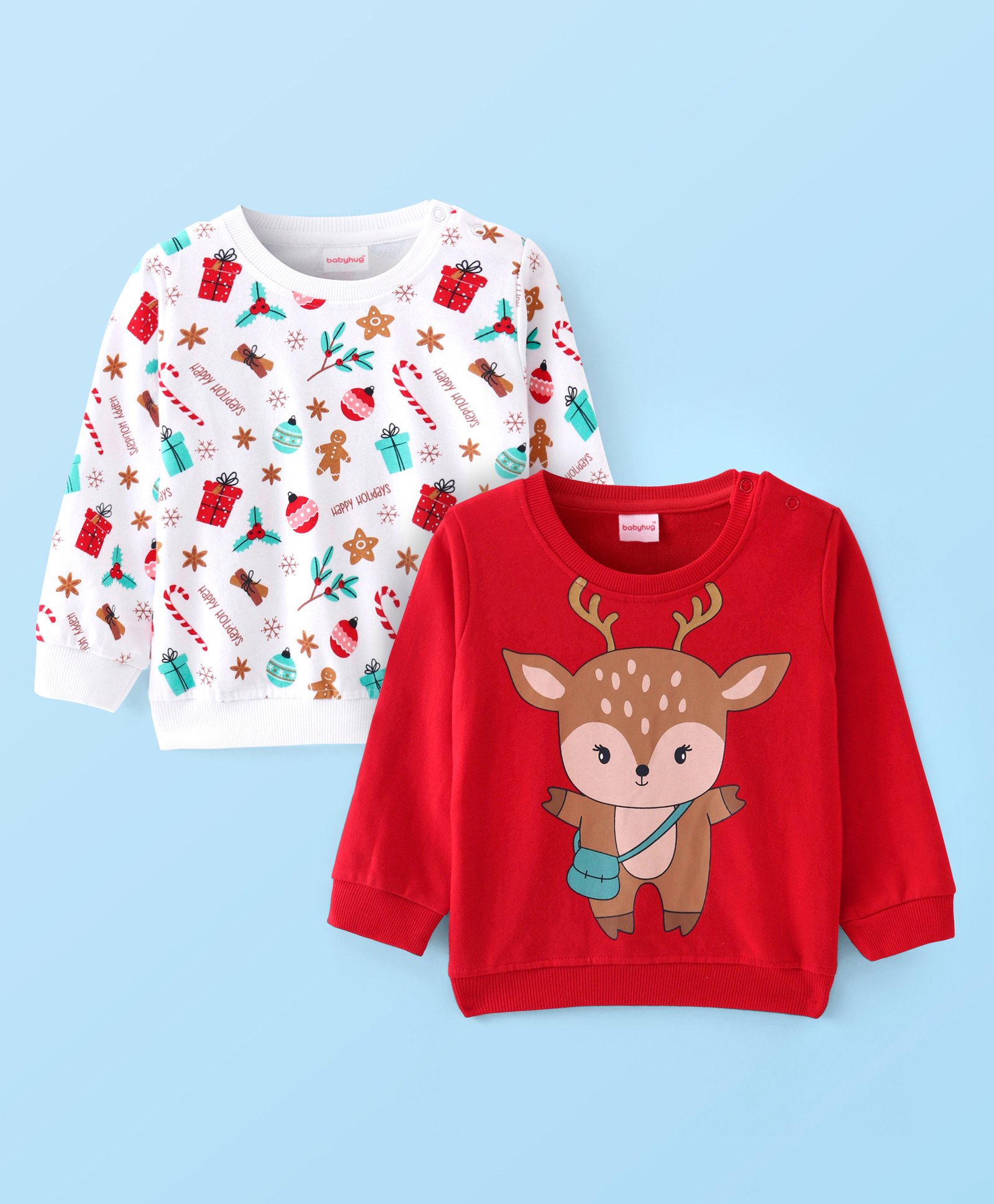 Babyhug Cotton Knit Full Sleeves Sweatshirts With Christmas Theme Pack of 2 - White & Red-picture-17