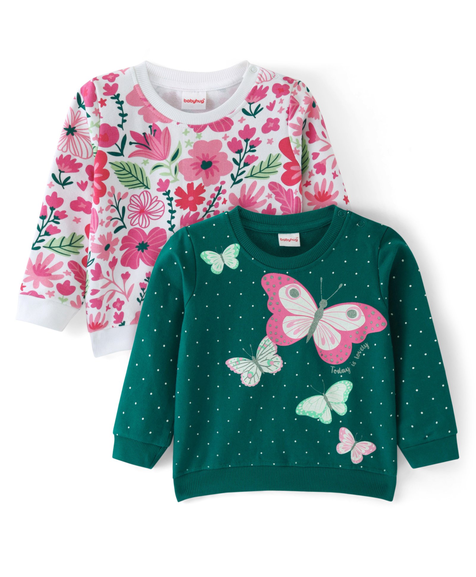Babyhug Cotton Knit Full Sleeves Floral & Butterfly Printed Sweatshirts Pack of 2 - Multicolour-image-0