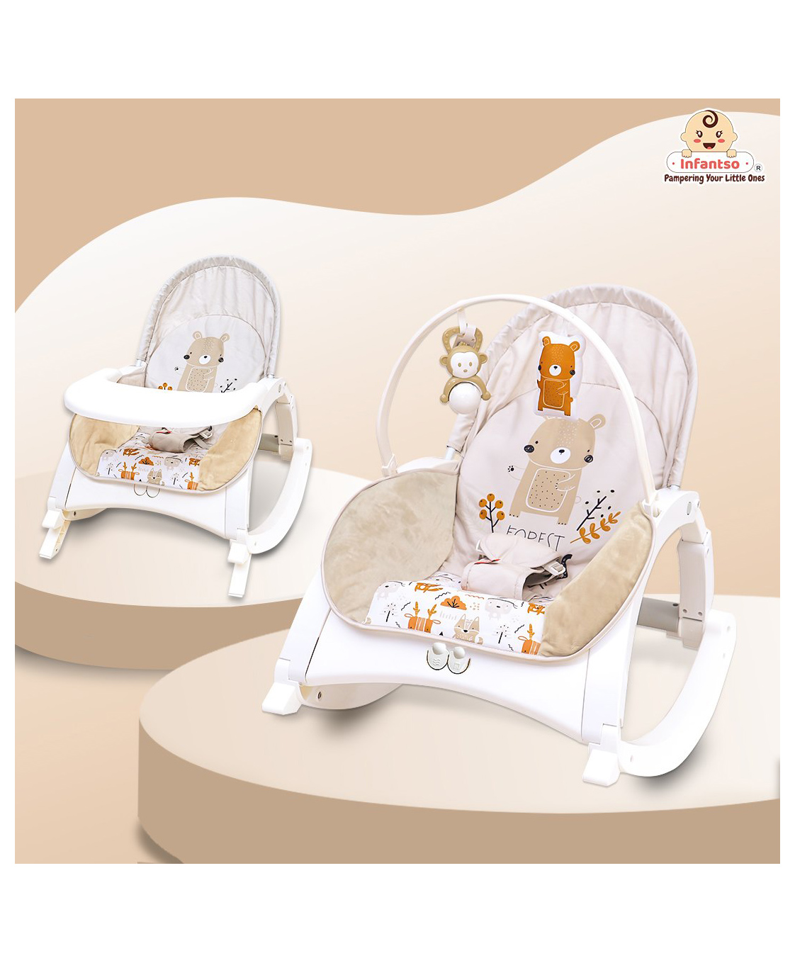 Infantso Baby Rocker cum baby feeding chair with Vibration And Soothing music, adjustable backrest recline feature Rocker, Detachable toy bar and food tray - Beige