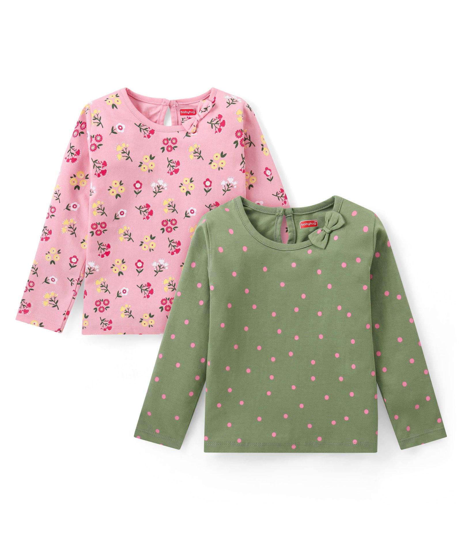 Babyhug 100% Cotton Knit Full Sleeves T-Shirt with Floral & Polka Dot Print with Bow Pack of 2- Green & Pink-image-23