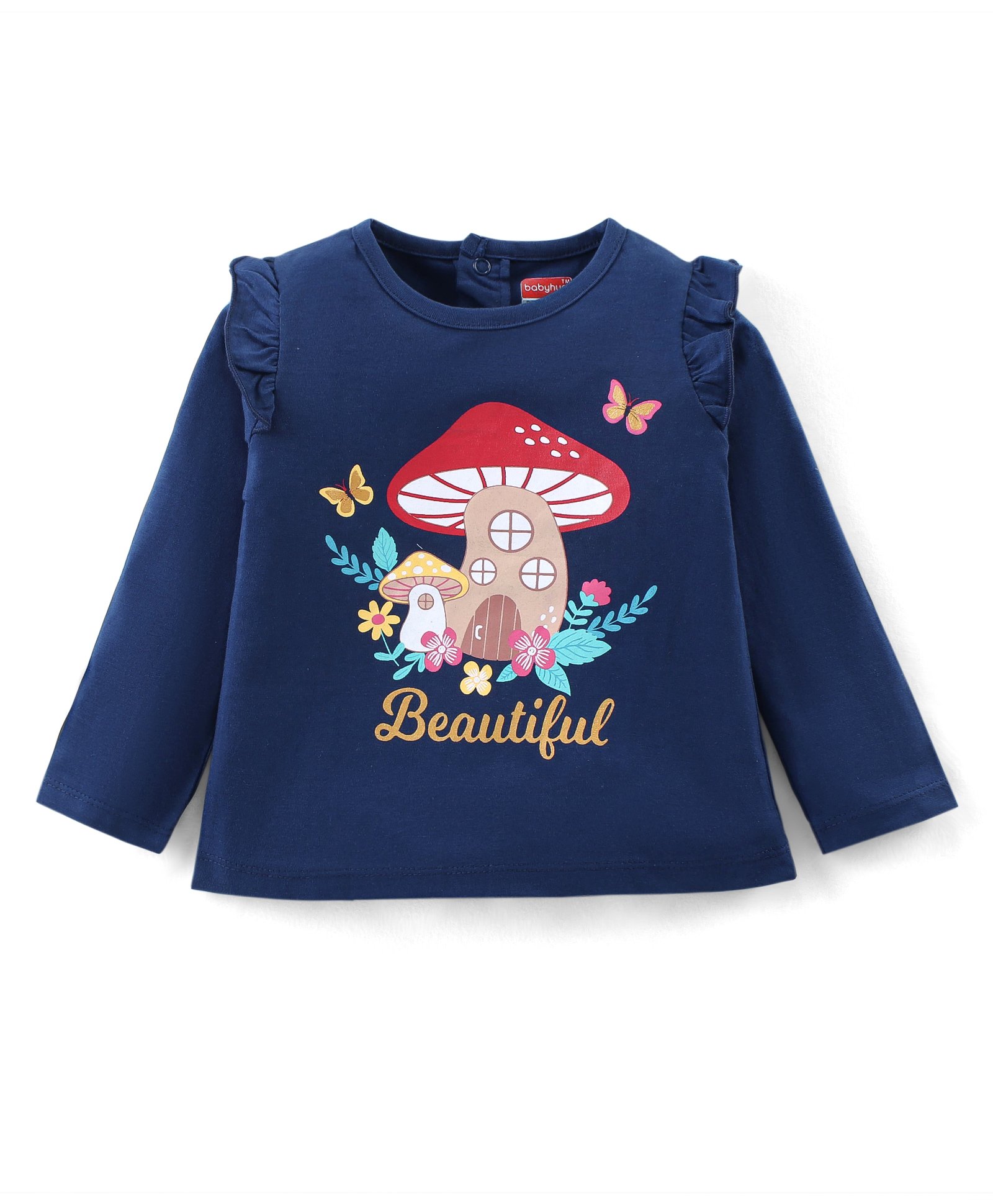 Babyhug Cotton Knit Full Sleeves Top with Frill Detailing & Mushroom Graphic - Navy Blue-image-16