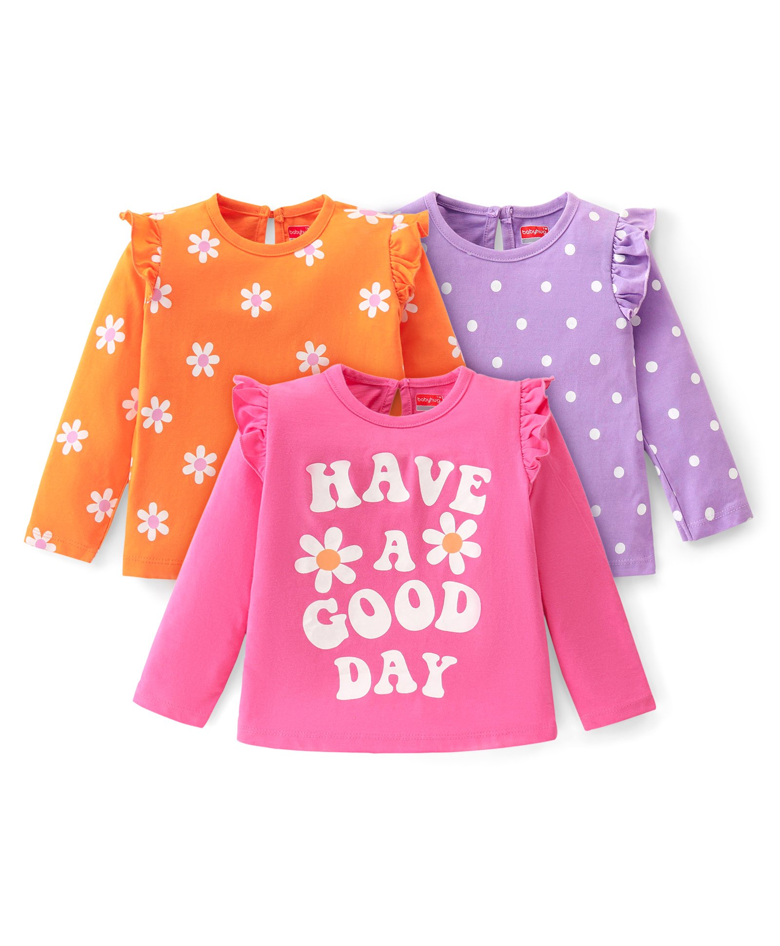 Babyhug Cotton Knit Frill Sleeves Top with Floral & Polka Dot Print Pack of 3 - Pink Orange & Purple-picture-10