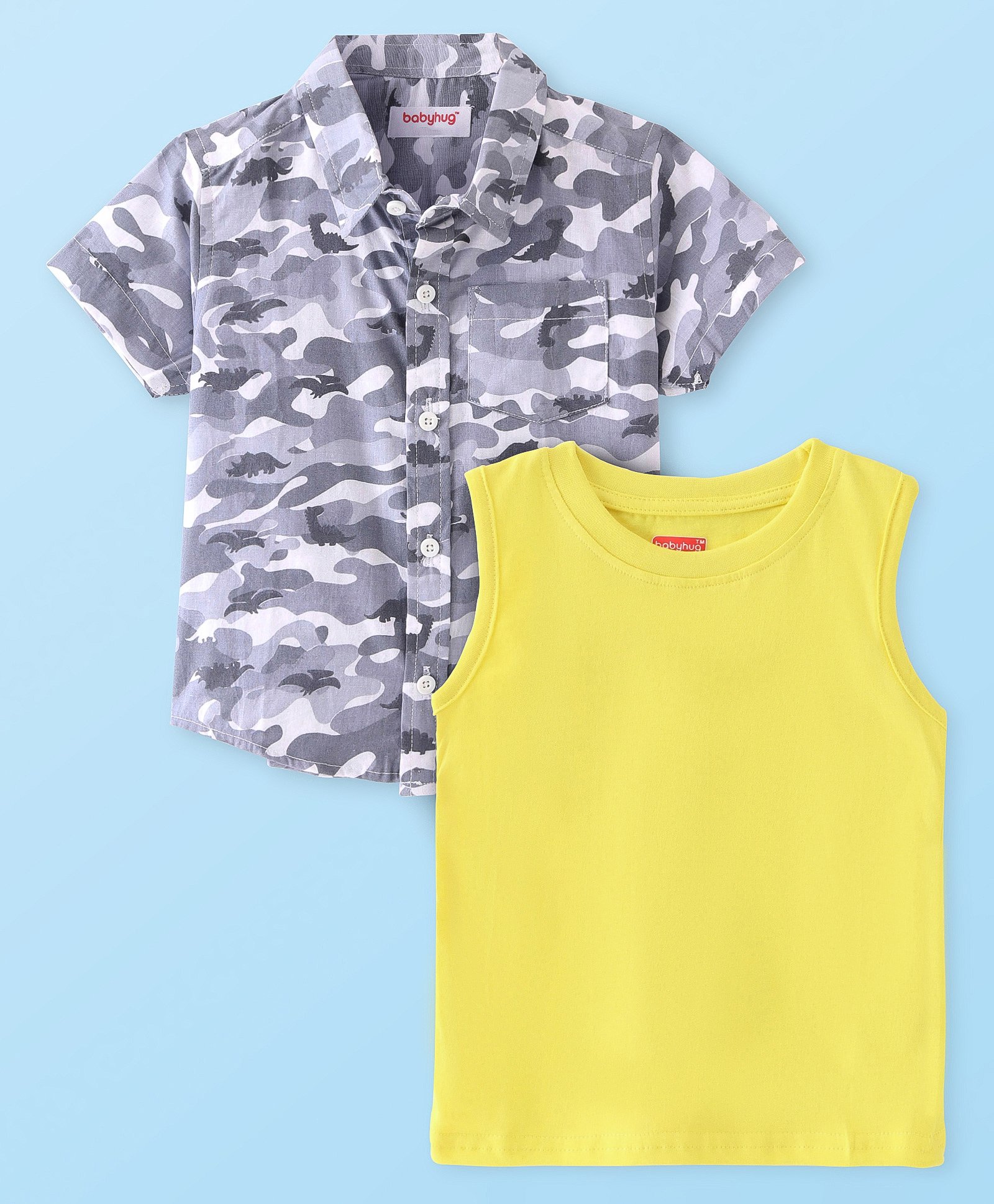 Babyhug Cotton Woven Half Sleeves Camouflage Printed Shirt with T-Shirt - Grey-image-45