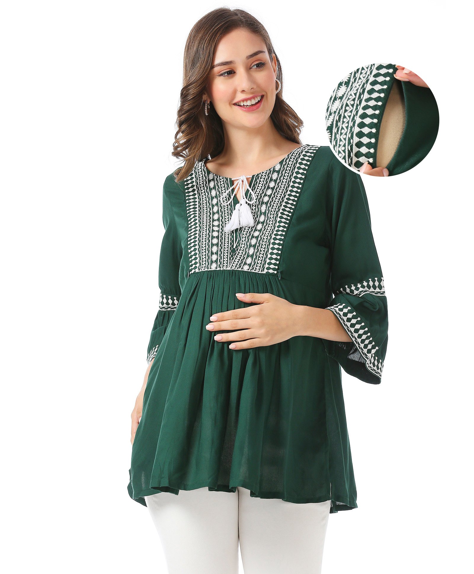Bella Mama Woven Three Fourth Sleeves Embroidered Yoke  Maternity Top with Pocket - Green