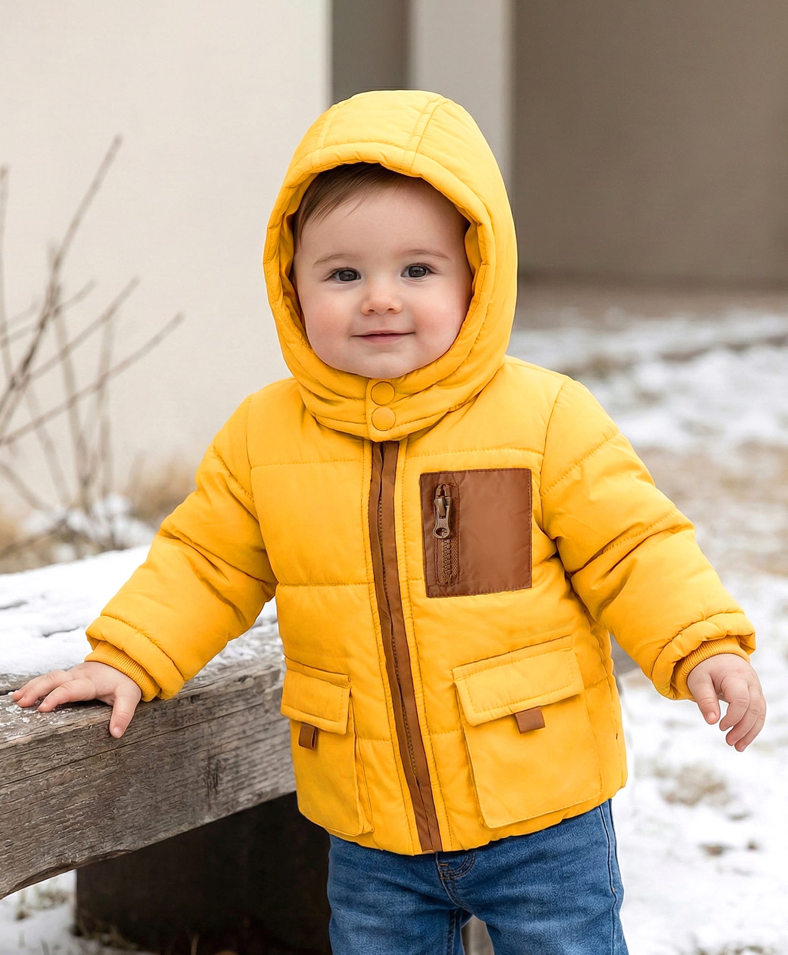 Babyoye Woven Full Sleeves Solid Color Padded Hooded Jacket - Yellow-image-25