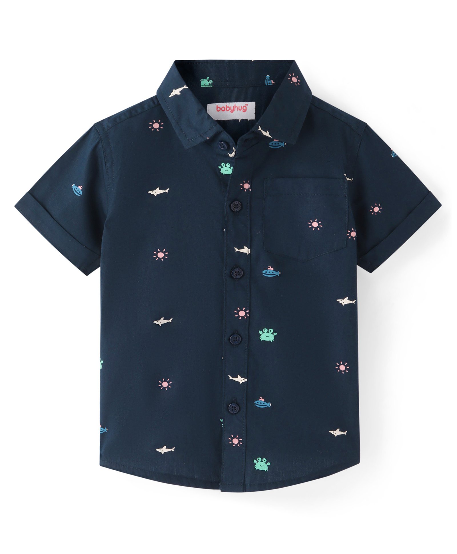 Babyhug Cotton Woven Half Sleeves Aquatic Theme Printed Shirt - Navy Blue-image-1