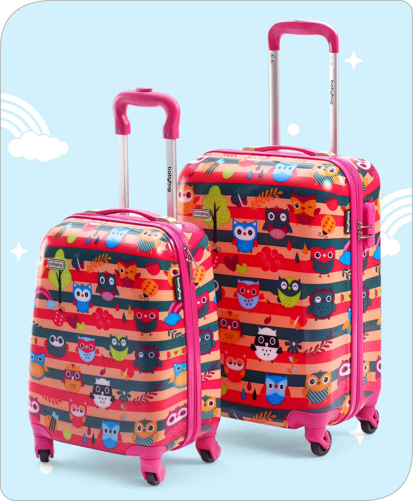 Babyhug Trolley Bag Owl Print Pack of 2 Dark Pink -18 & 20 Inches-image-38