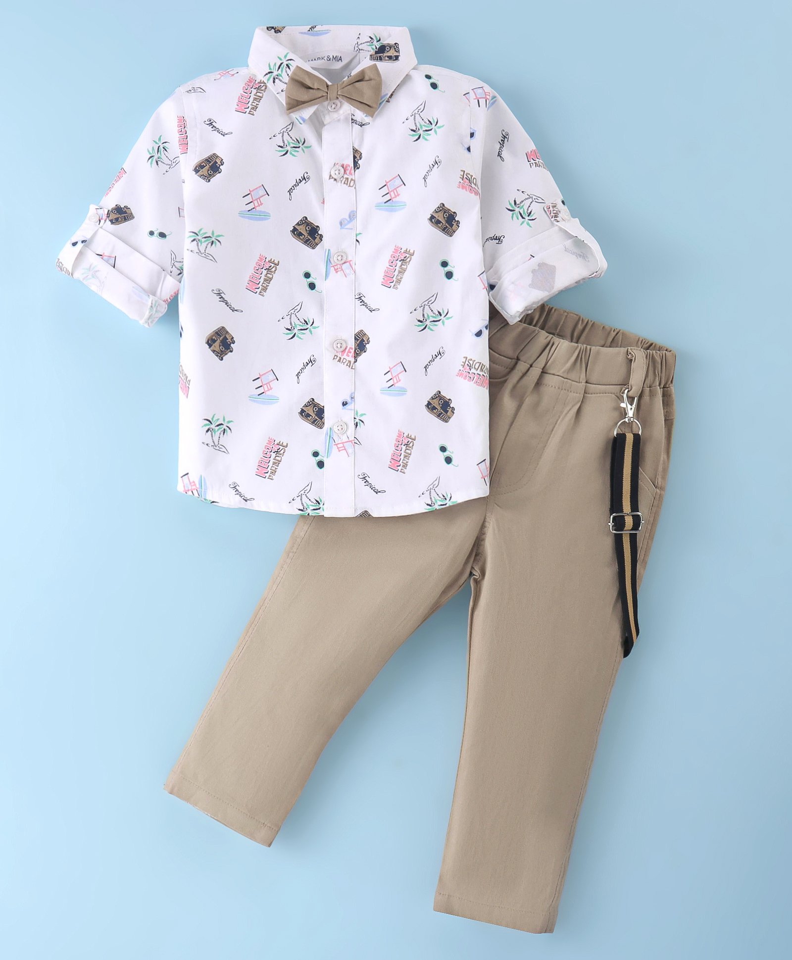 Mark & Mia Full Sleeves Palm Tree Print Party Shirt & Trouser Set with Bow & Suspender -  Multicolor-picture-11