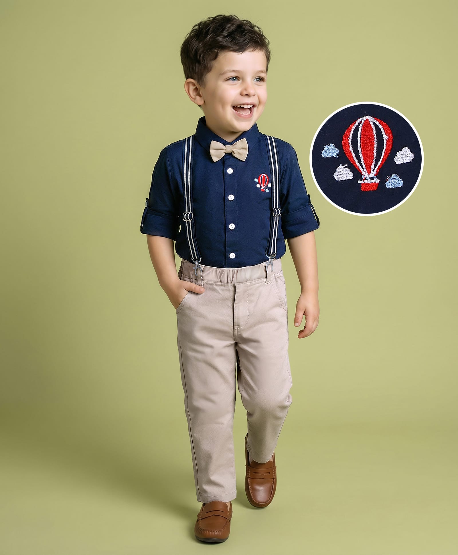 Mark & Mia Full Sleeves Solid Colour Shirt & Trouser Set with Hot Air Balloon Embroidery Bow & Suspender - Navy Blue & Beige-picture-26
