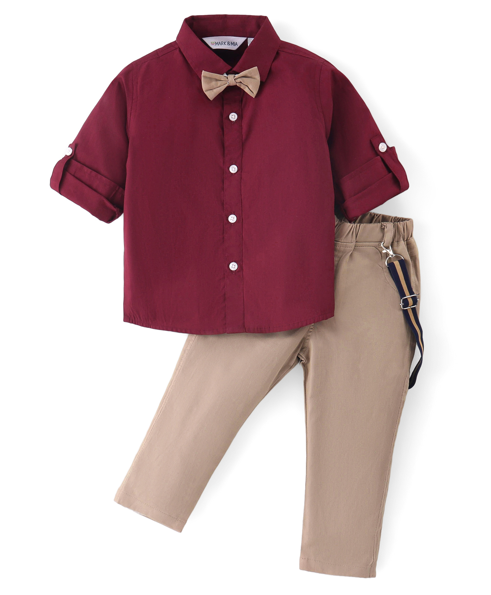 Mark & Mia Full Sleeves Solid Color Party Shirt & Trouser Set with Bow & Suspender -  Wine & Beige