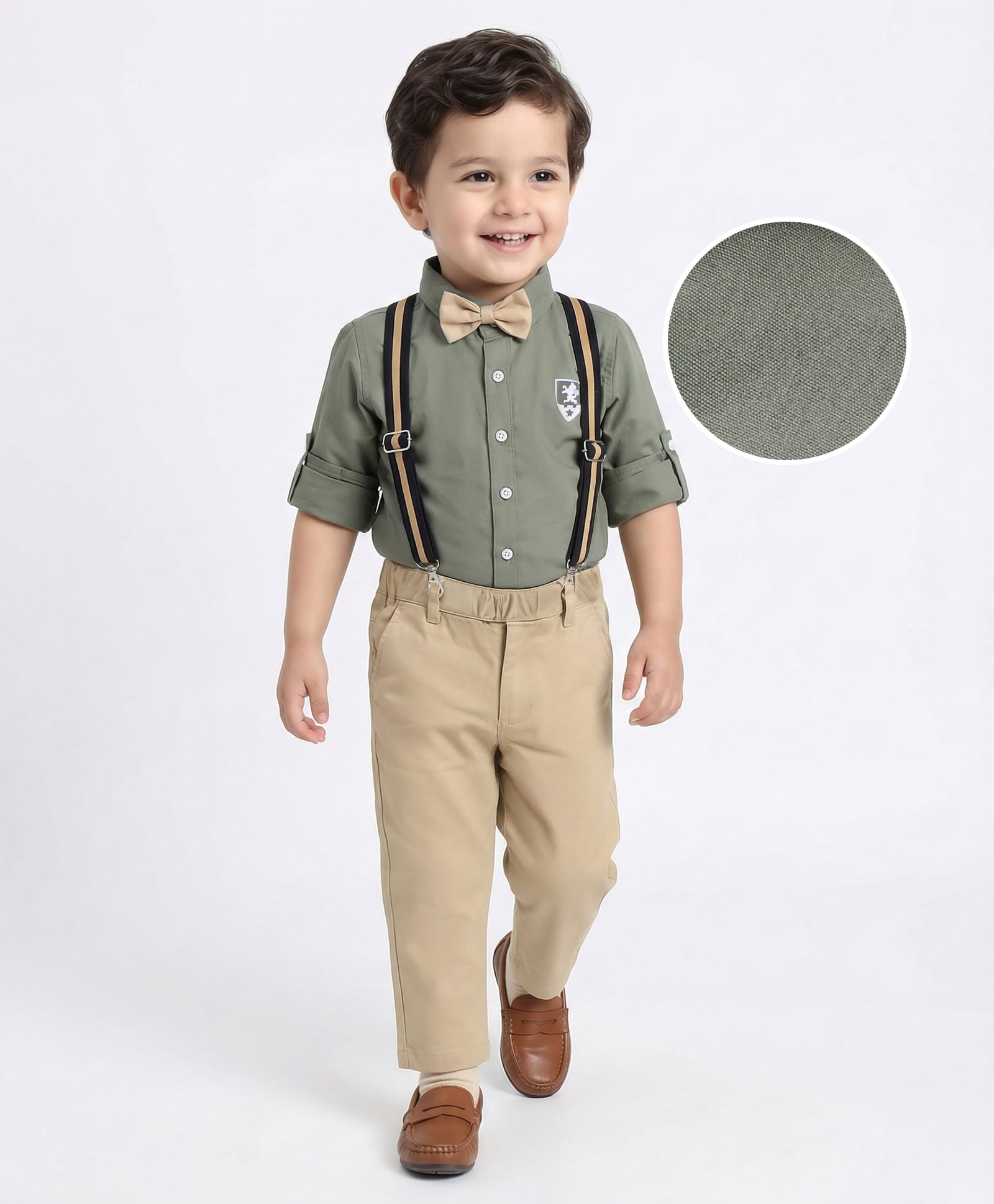 Mark & Mia  Full Sleeves Solid Colour Embroidery Detailed Shirt & Trouser Set with Bow & Suspender - Green & Beige