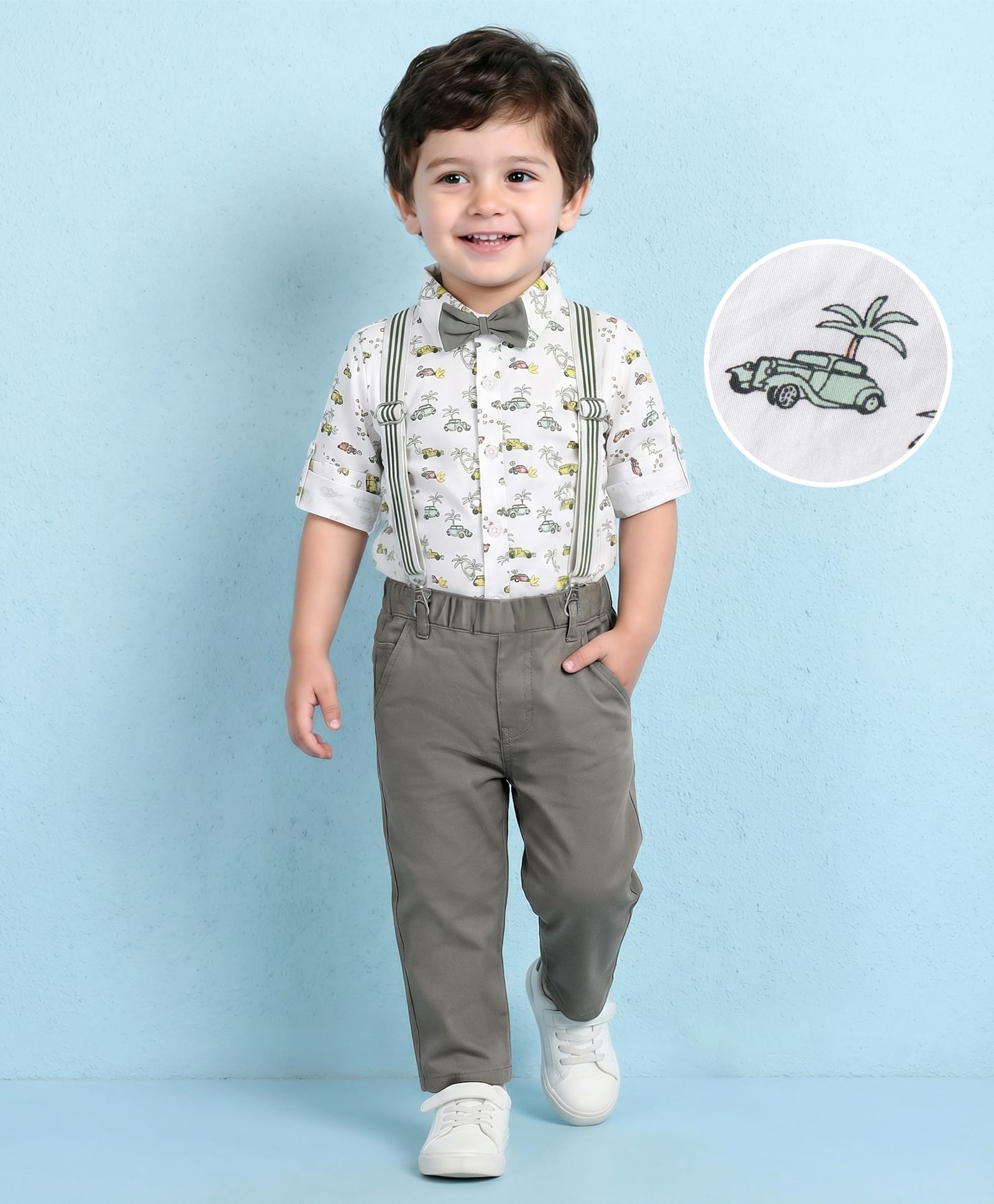 Mark & Mia Full Sleeves Palm Tree Print Party Shirt & Trouser Set with Bow & Suspender - Multicolor-image-7