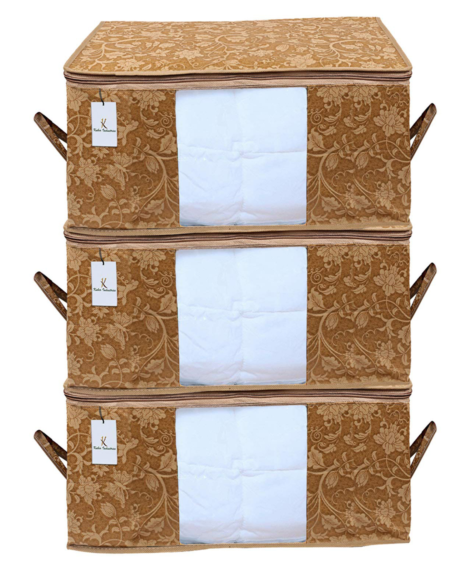 Kuber Industries Underbed Rectangular Non Woven Storage BagStorage OrganiserBlanket Cover Set of 3 Beige, Non-Woven-picture-12