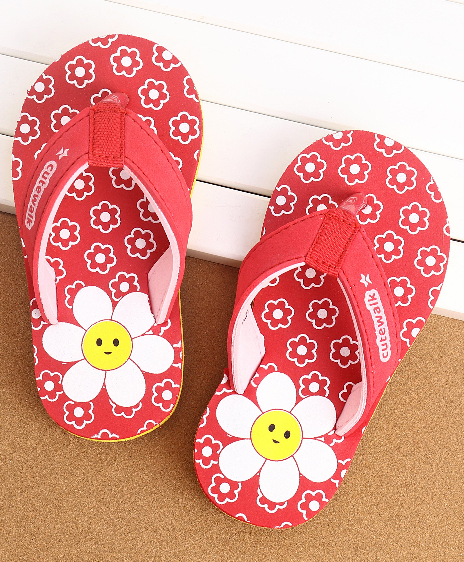 Cute Walk by Babyhug Slip On Flip Flops With Floral Print - Red