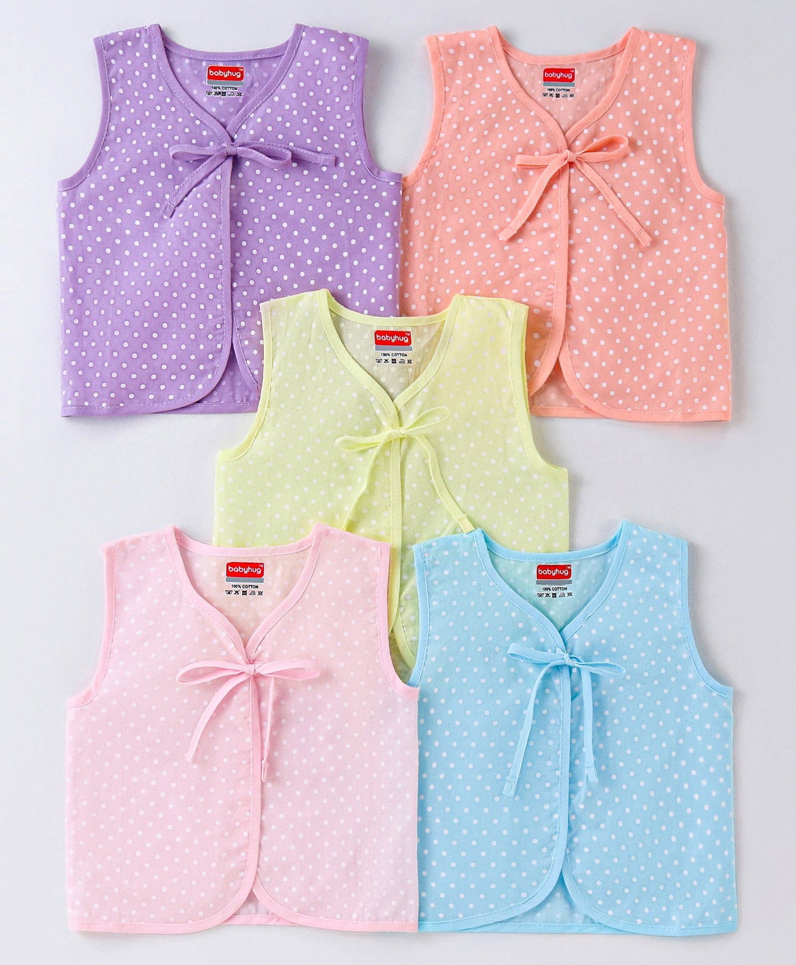 Babyhug 100% Cotton Woven Sleeveless Front Tie Knot Jhablas With Polka Dot Print Pack of 5 - Multicolour-picture-19