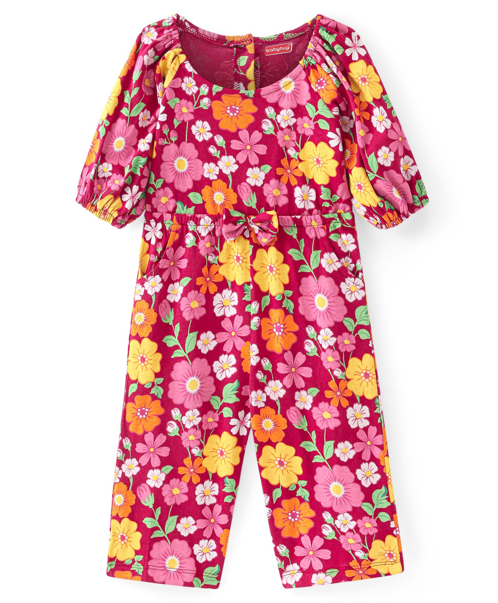 Babyhug Single Jersey Knit Full Sleeves Jumpsuit Floral Print - Red-picture-31