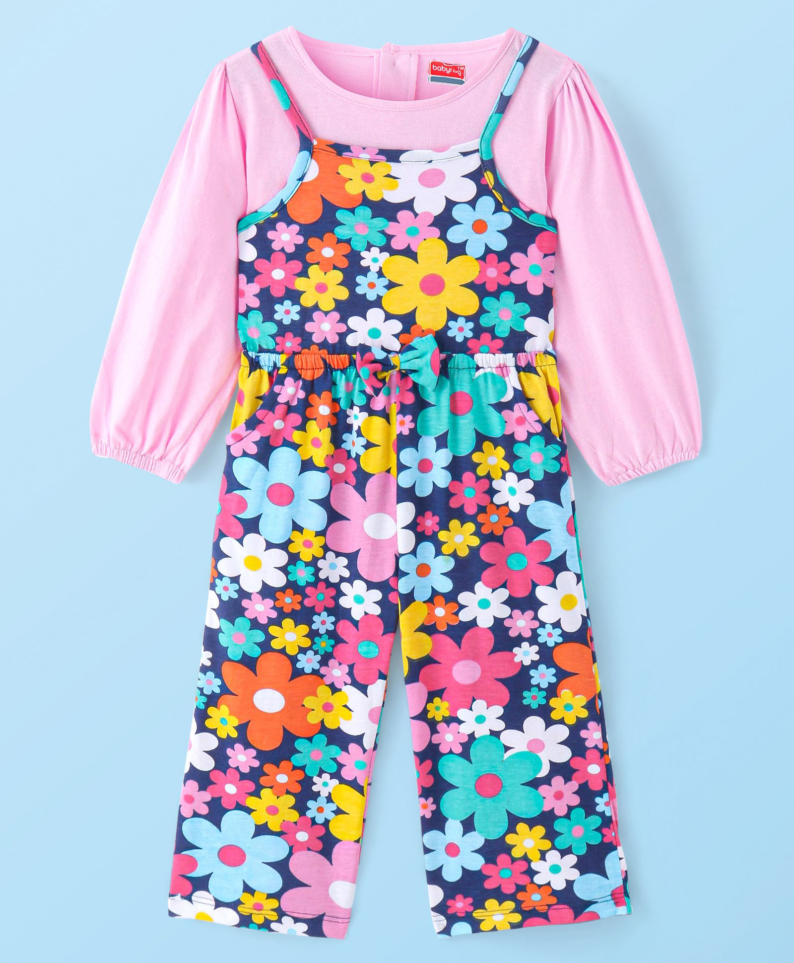 Babyhug Single Jersey Knit Floral Printed Jumpsuit with Solid Full Peasant Sleeves - Pink & Navy Blue-picture-27