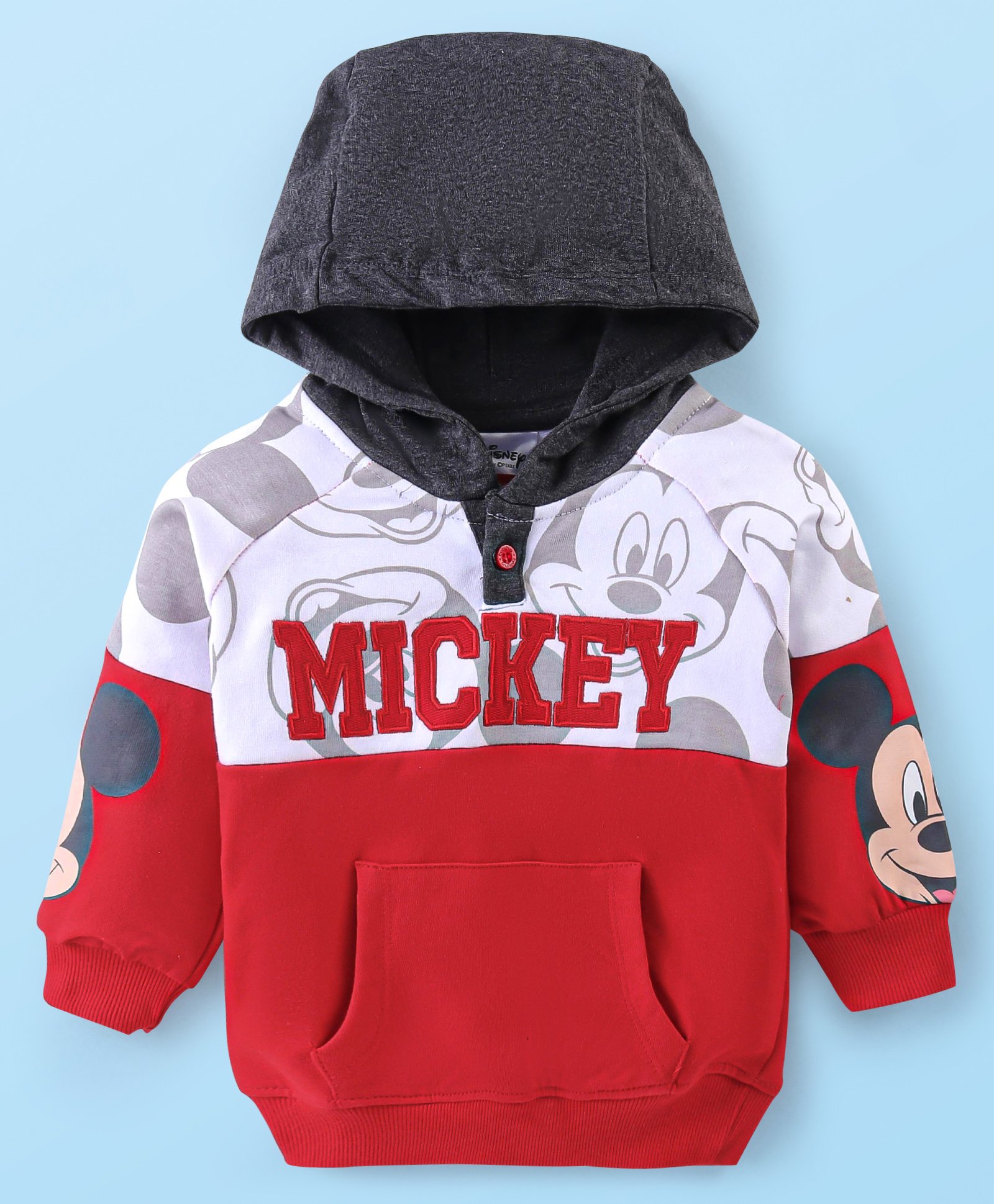 Babyhug Disney Cotton Knit Full Raglan Sleeves Hooded Sweatshirt with Cut & Sew Design & Mickey Mouse Graphics - Red & White-image-49