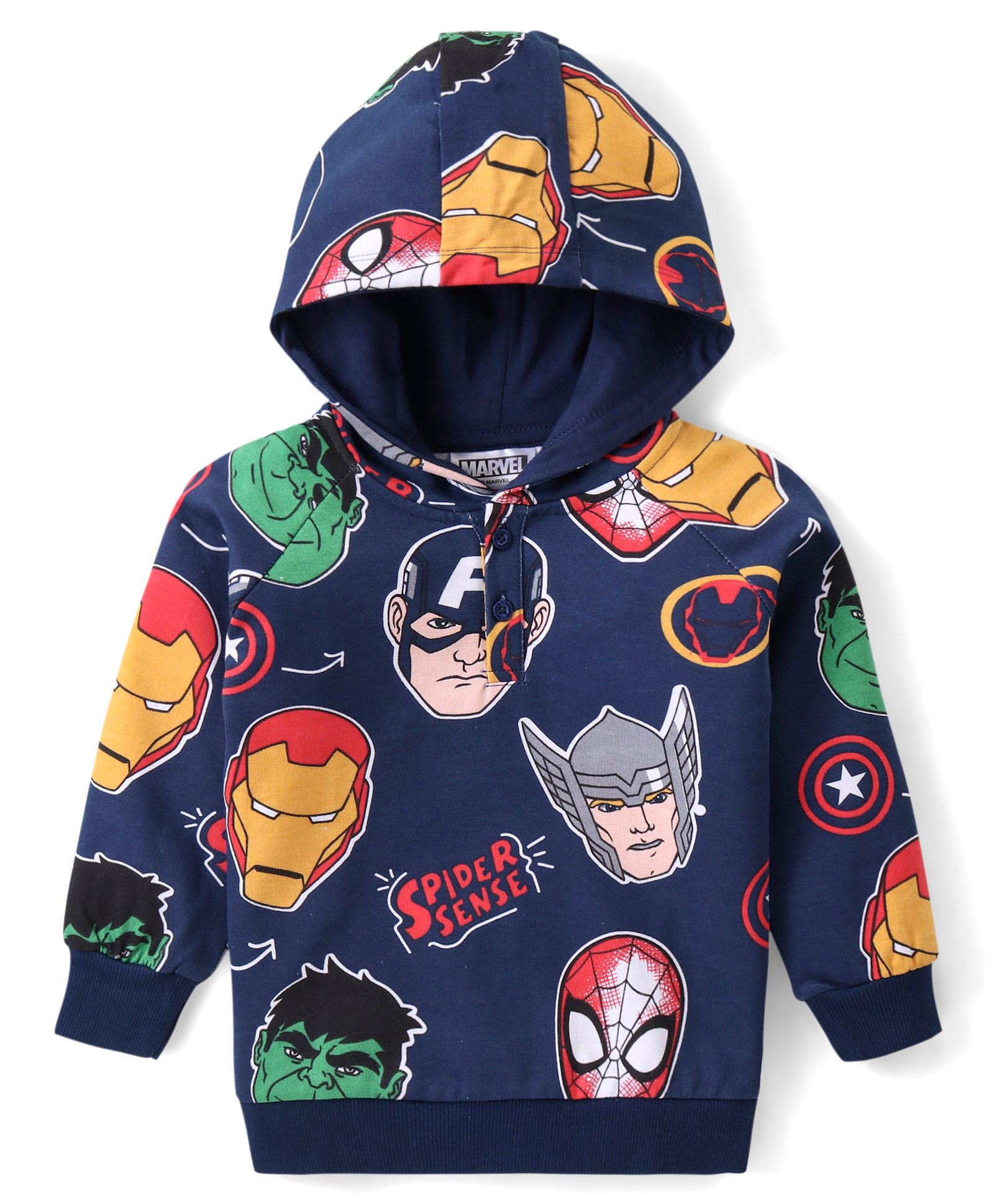 Babyhug Marvel Cotton Knit Full Sleeves Hooded Sweatshirt With Avengers Print - Navy Blue-image-38