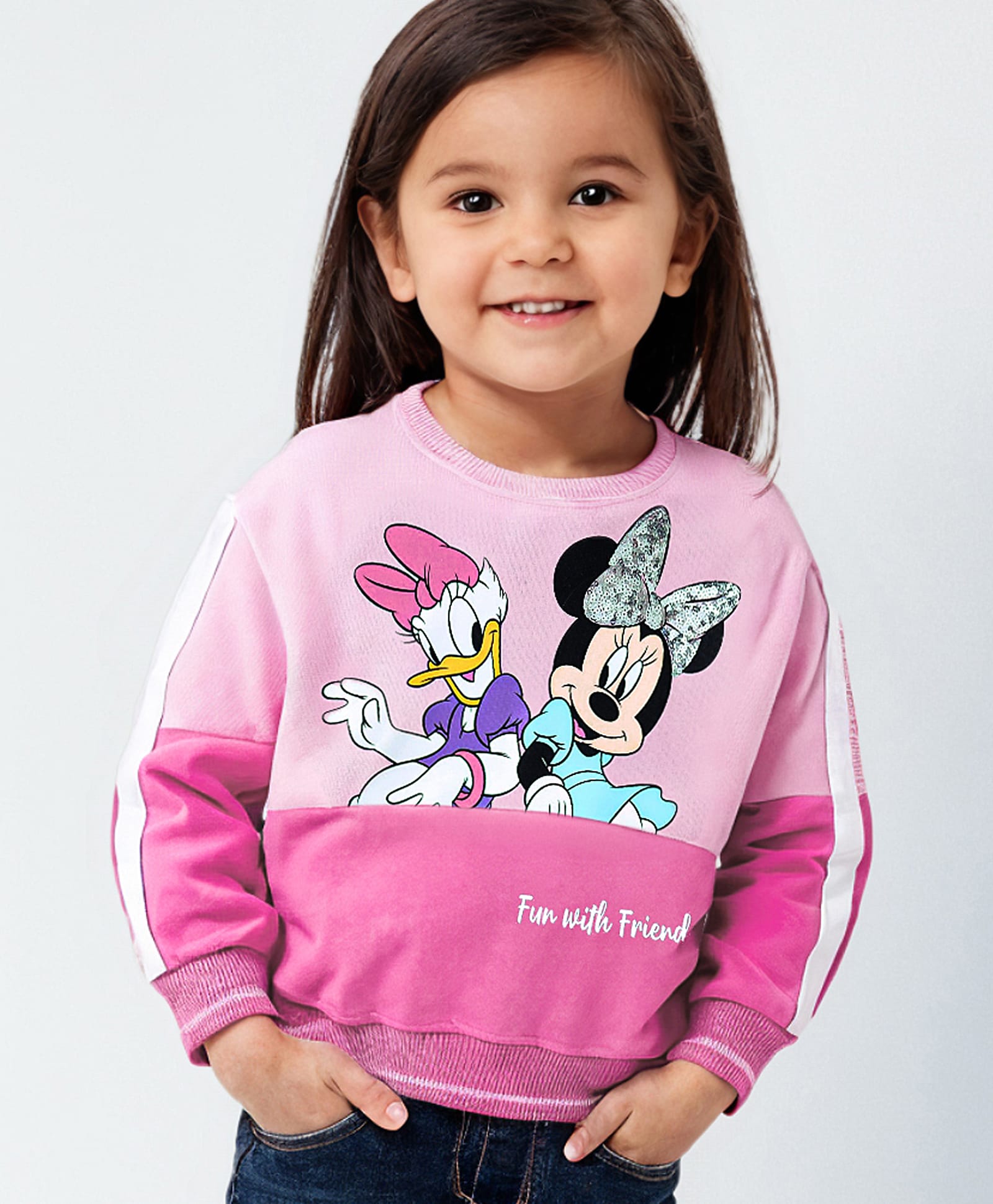 Babyhug Disney Cotton Knit Full Sleeves Sweatshirts With Minnie Mouse Graphics & Sequin Detailing - Pink-image-12